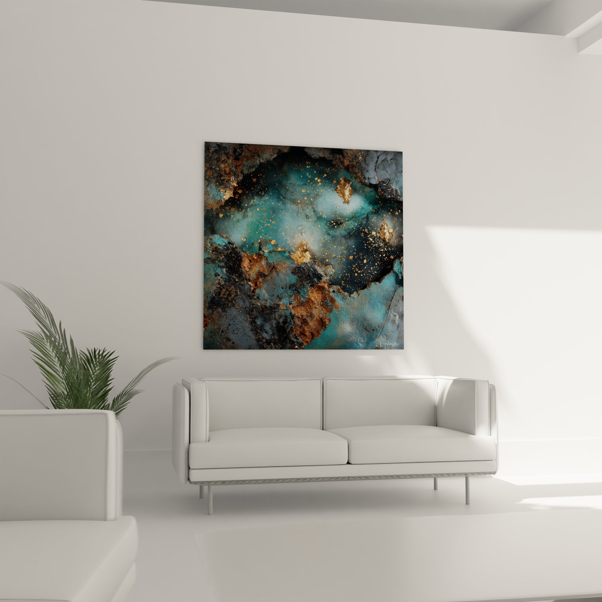 Détail rapproché tableau galaxie abstraite, textures dorées et particules cosmiques