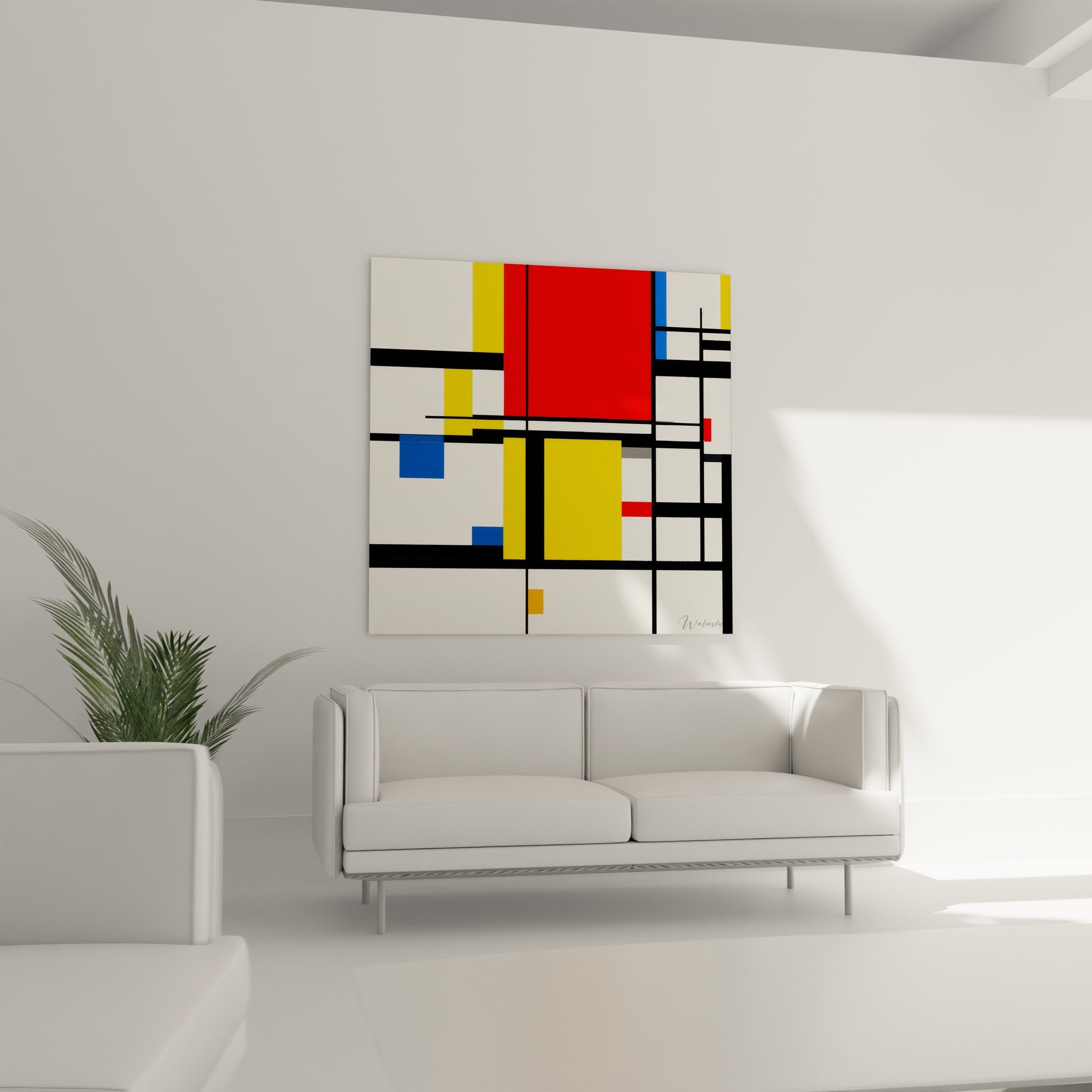 Détail gros plan tableau géométrique abstrait couleurs primaires lignes noires composition