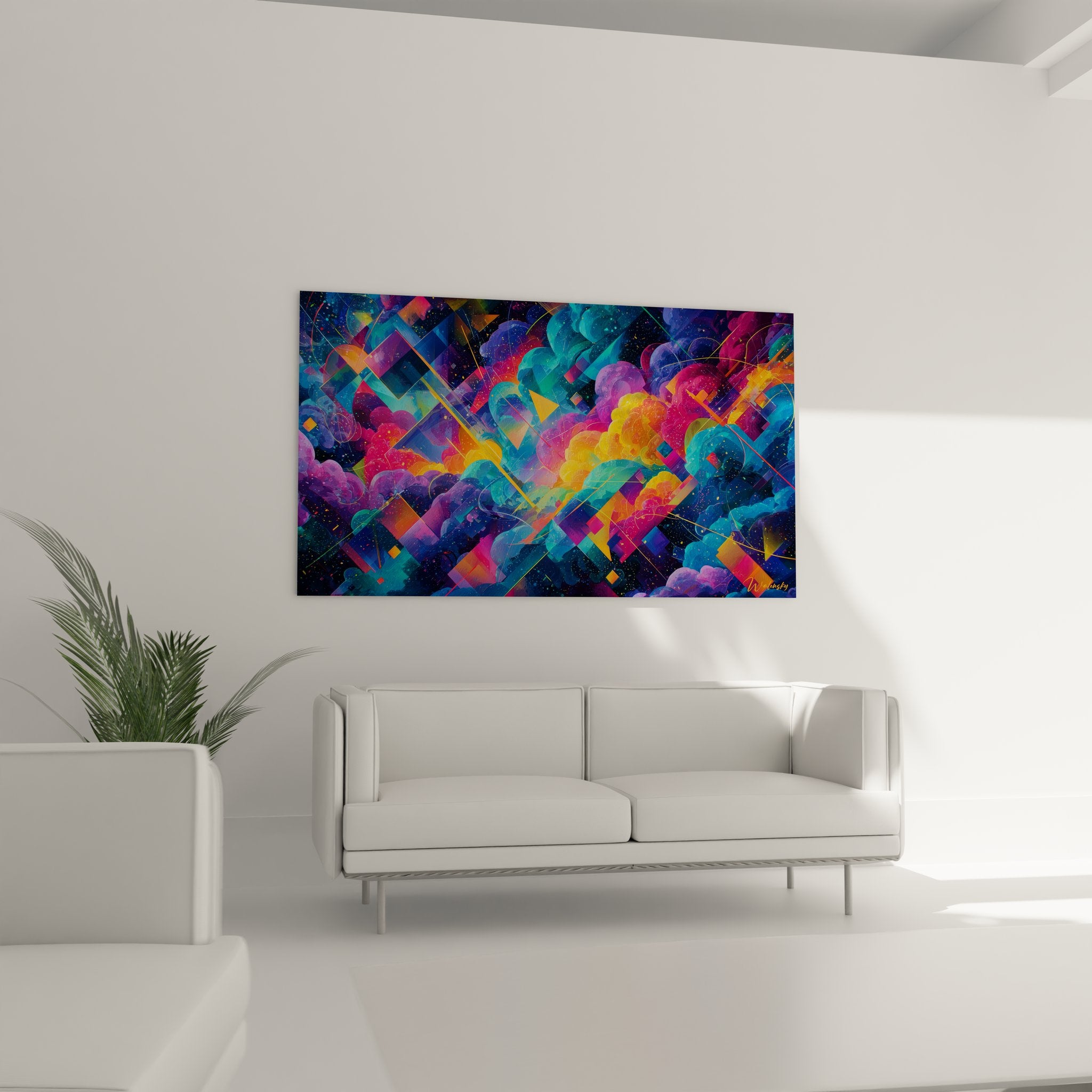 Détail rapproché tableau géométrique cosmos montrant formes abstraites et textures colorées