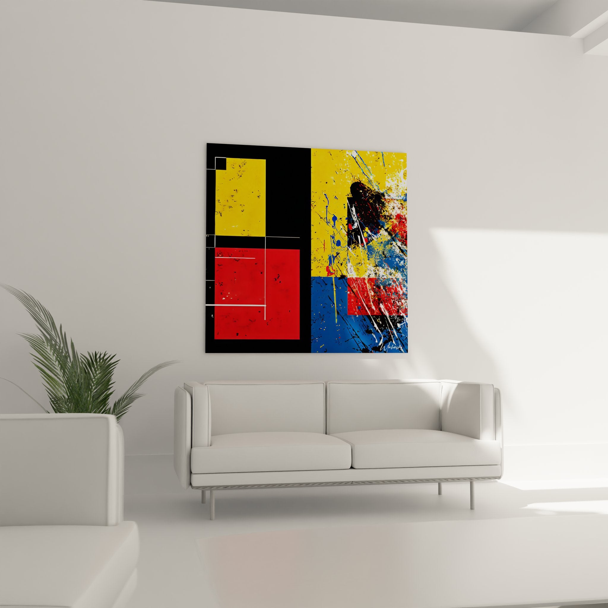 Détail tableau géométrique abstrait montrant fusion formes pures et éclaboussures colorées