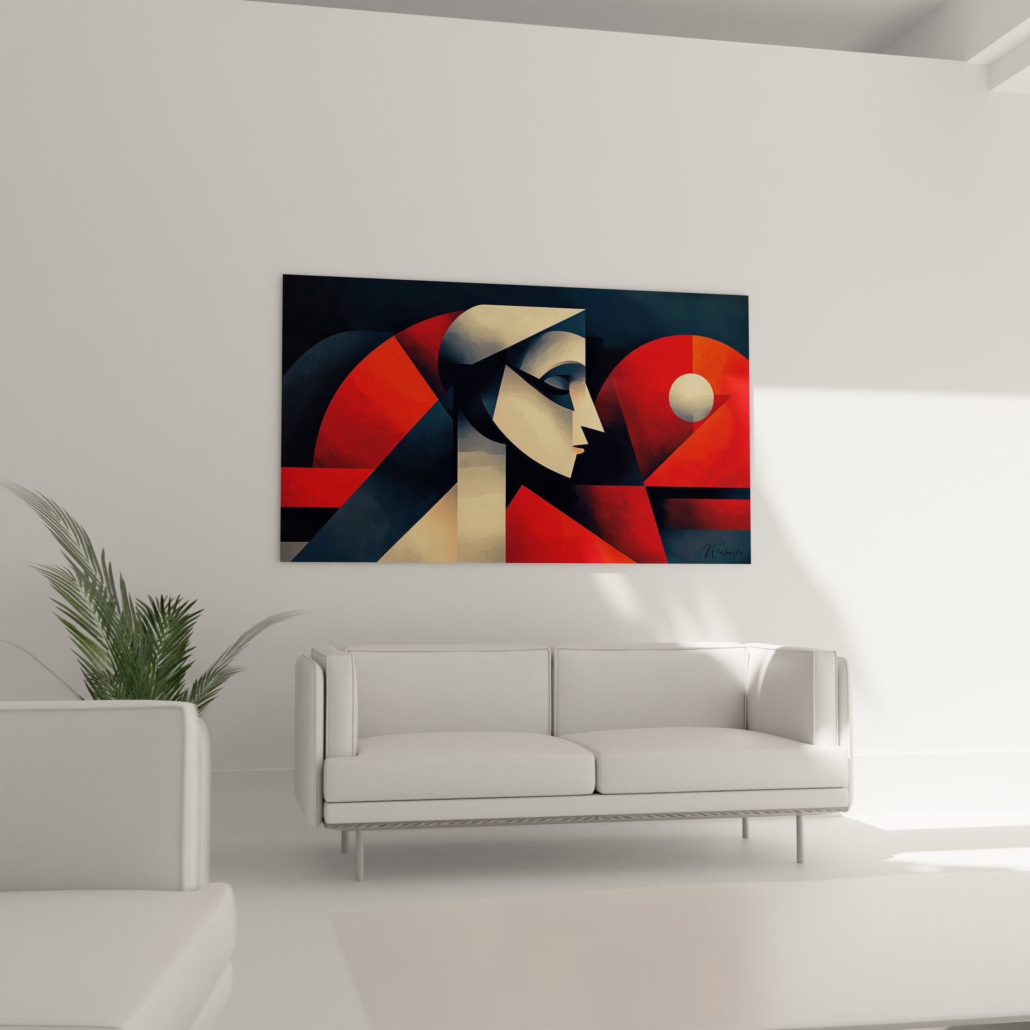 Détail gros plan tableau géométrique abstrait visage féminin formes cubistes rouges