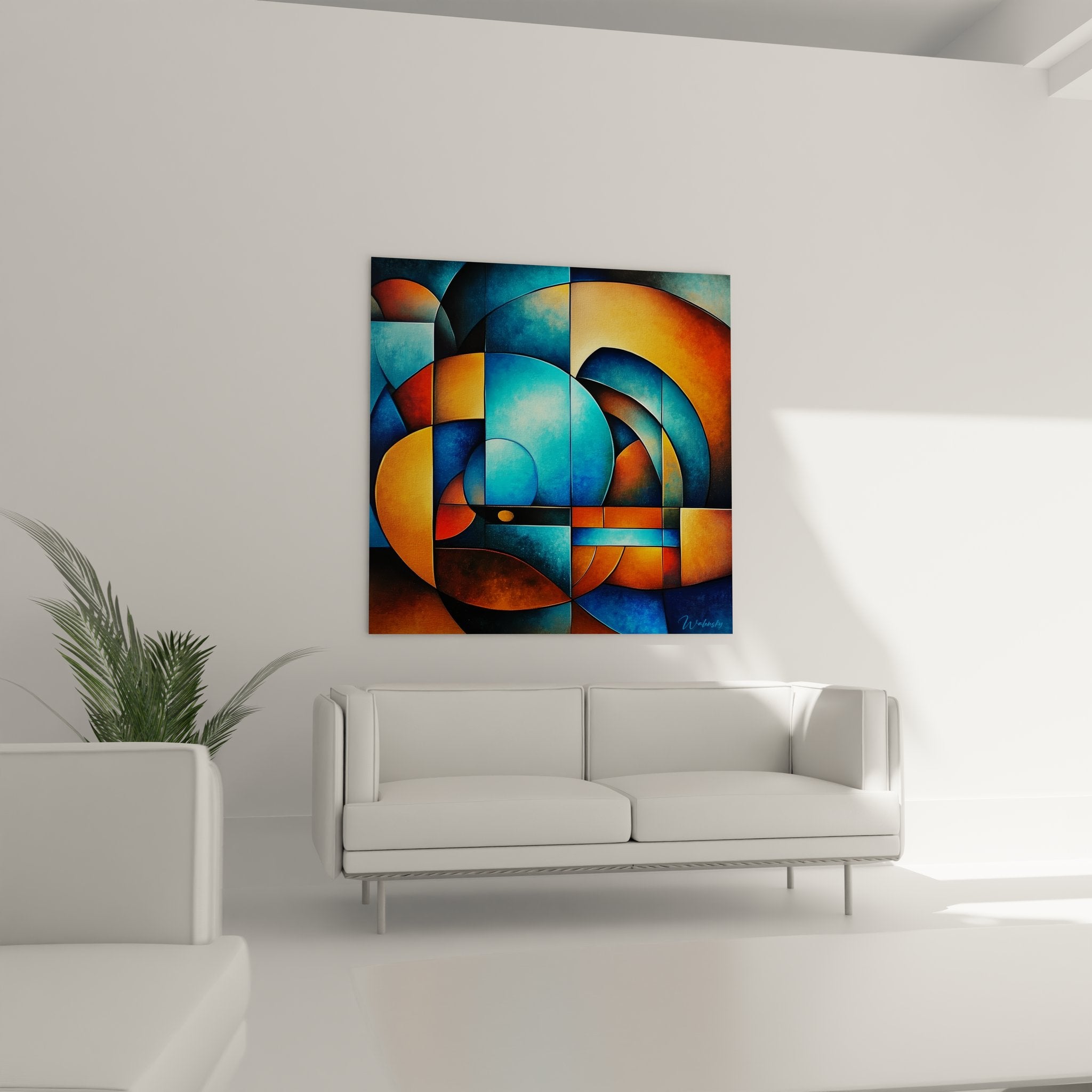 Détail tableau géométrique abstrait formes circulaires dégradés orange bleu peinture moderne art contemporain