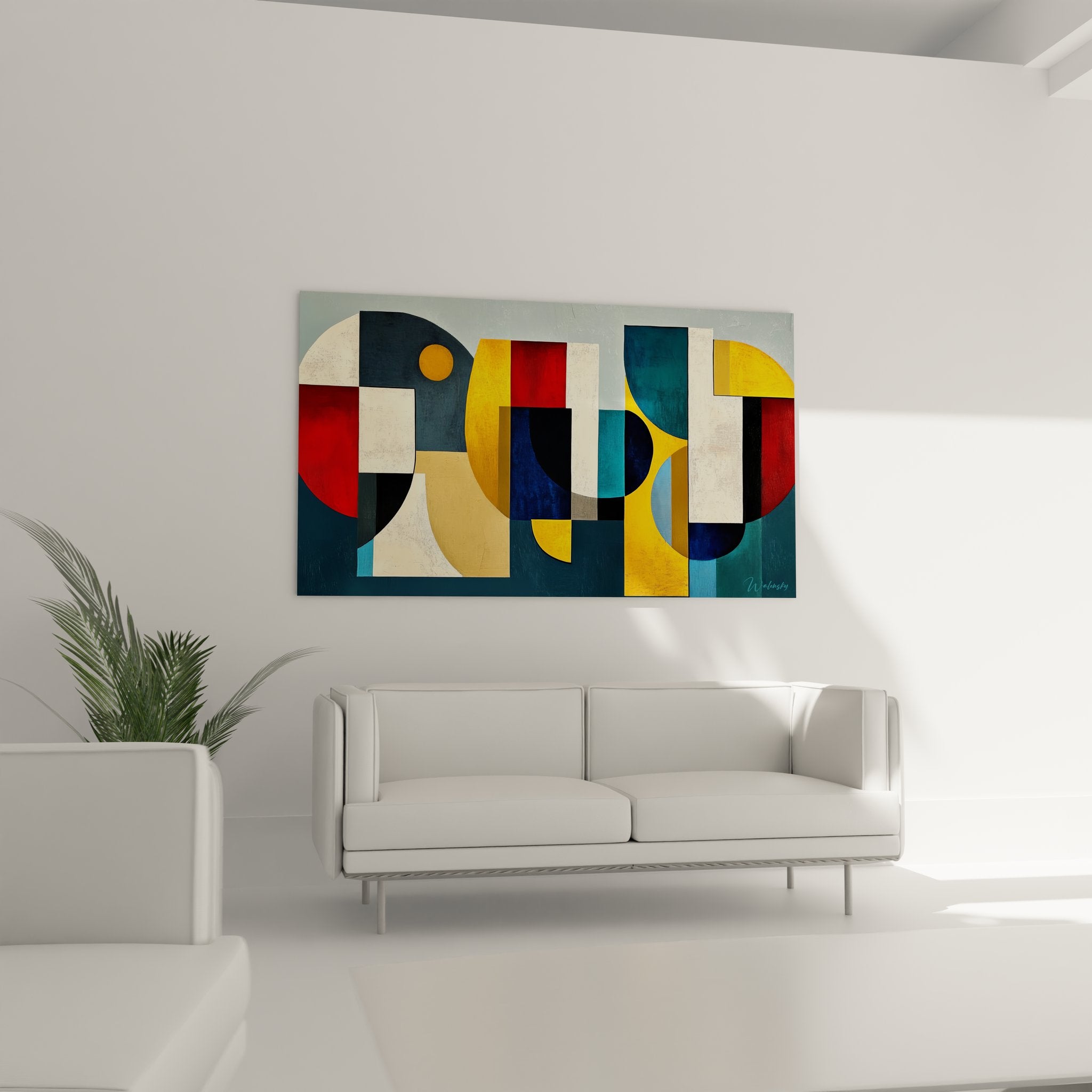 Détail gros plan tableau géométrique abstrait - textures formes colorées orange bleu composition moderne