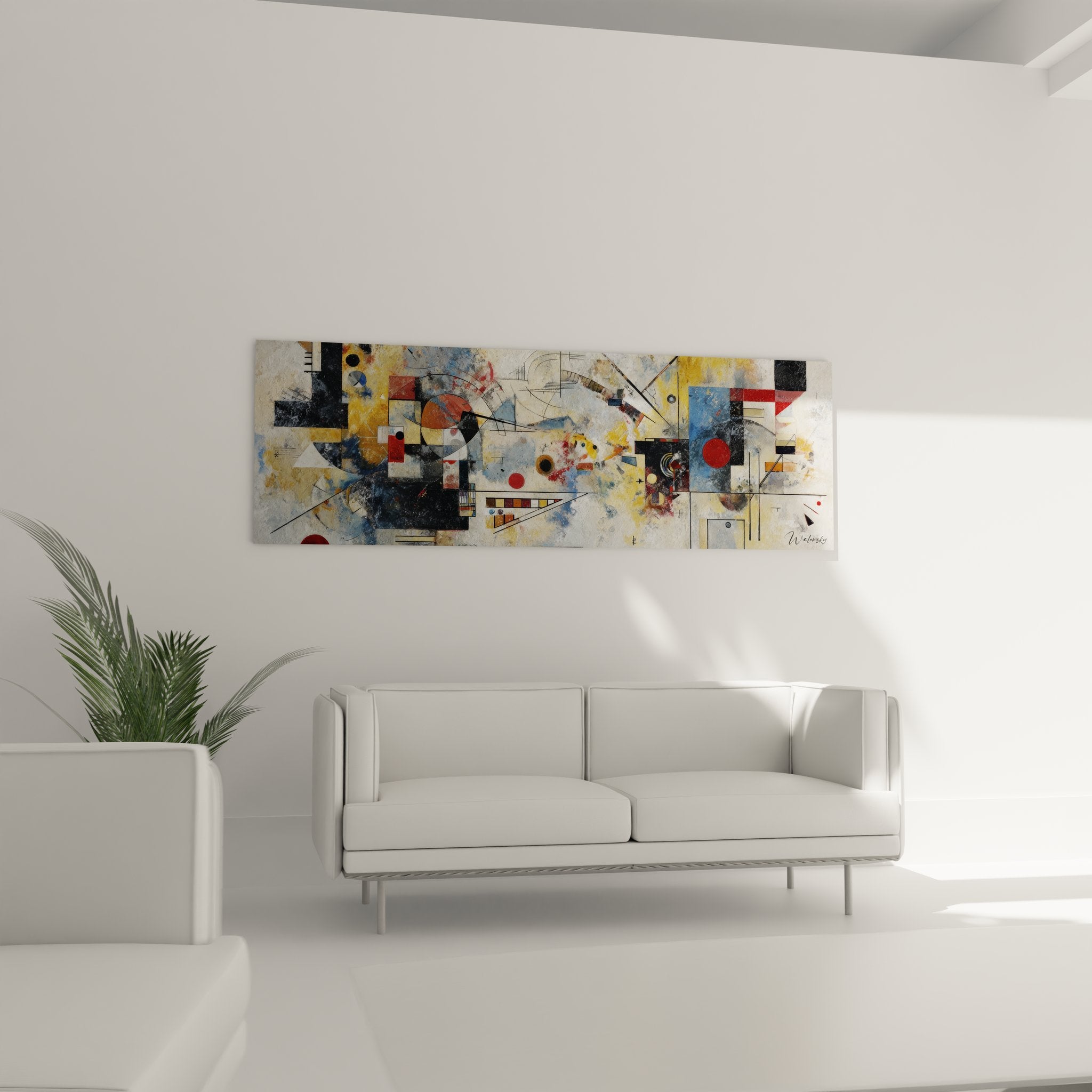 Détail gros plan tableau abstrait géométrique montrant textures colorées et motifs constructivistes précis