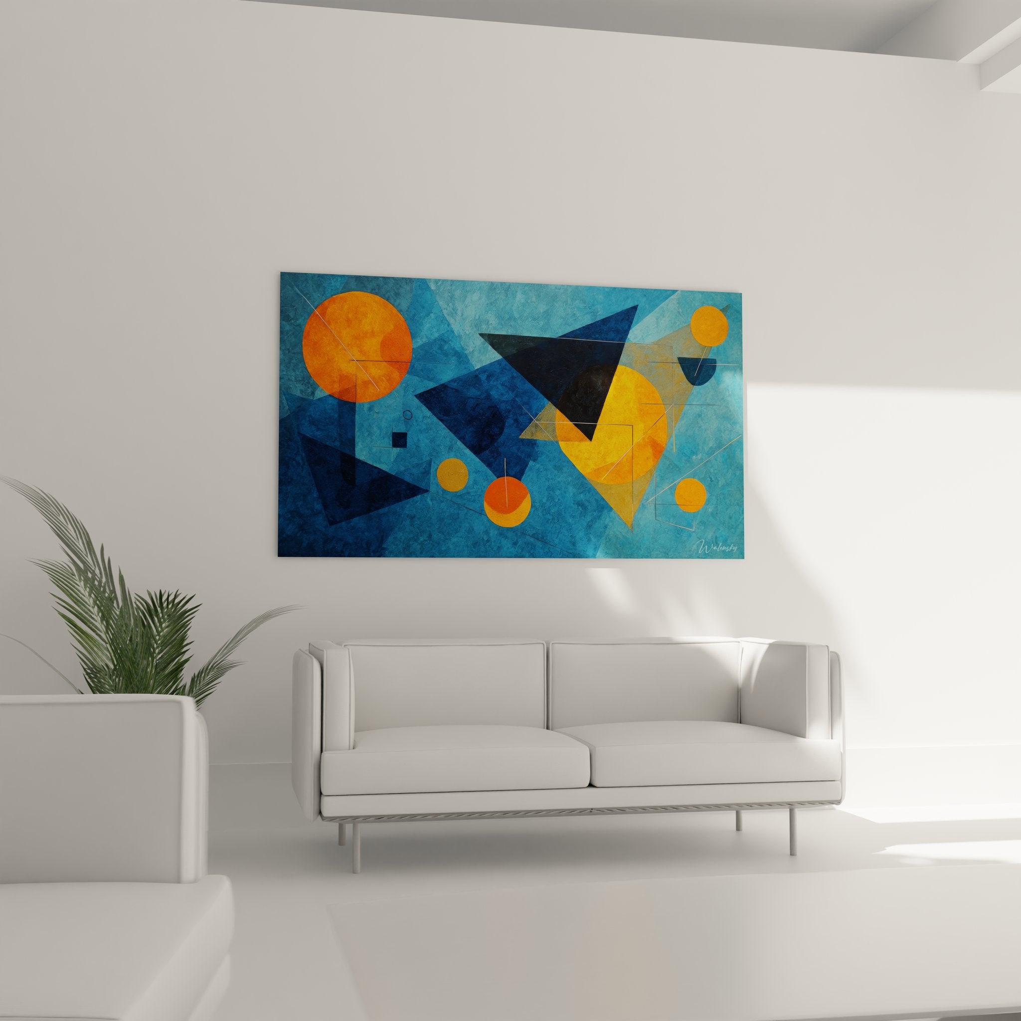 Détail gros plan tableau géométrique abstrait, formes colorées et textures artistiques modernes