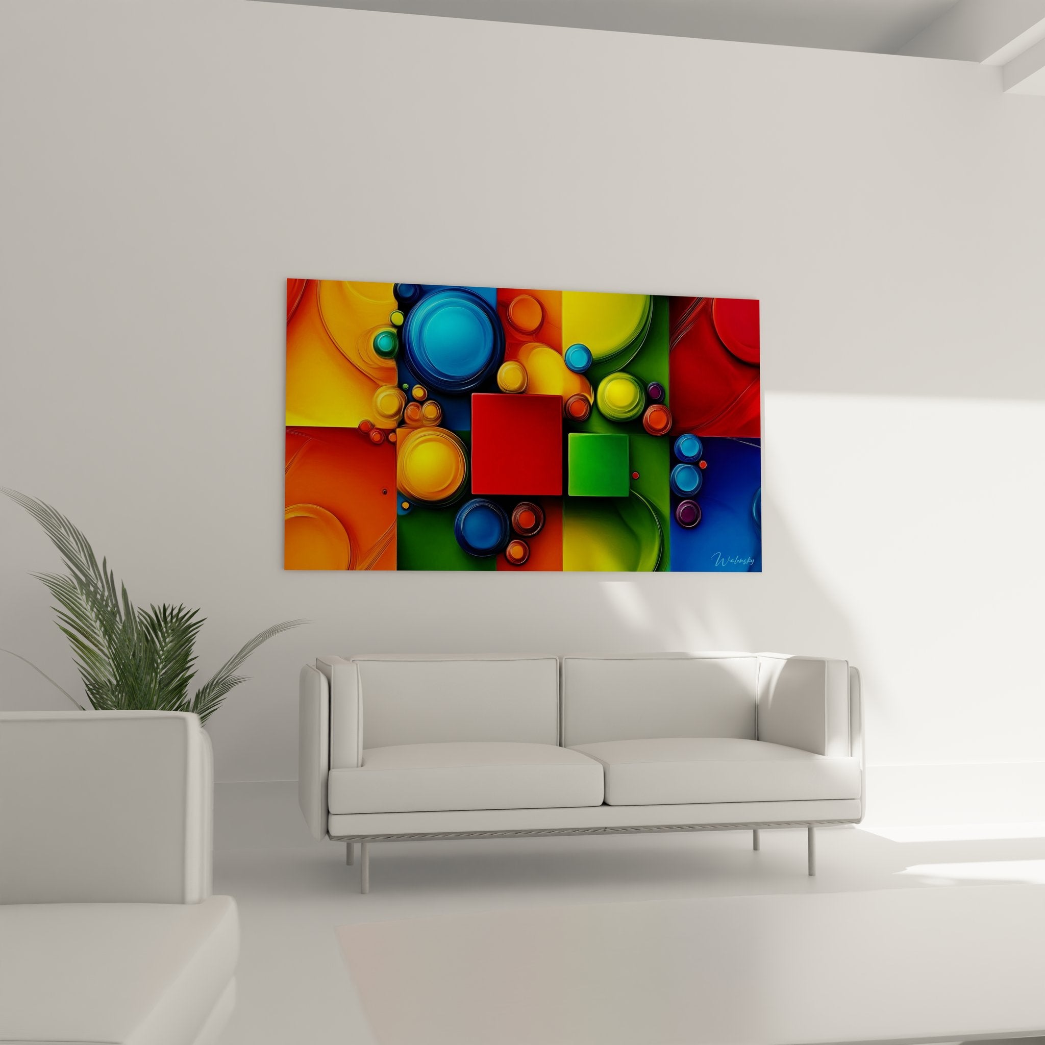 Détail gros plan tableau abstrait formes géométriques colorées cercles et carrés vibrants