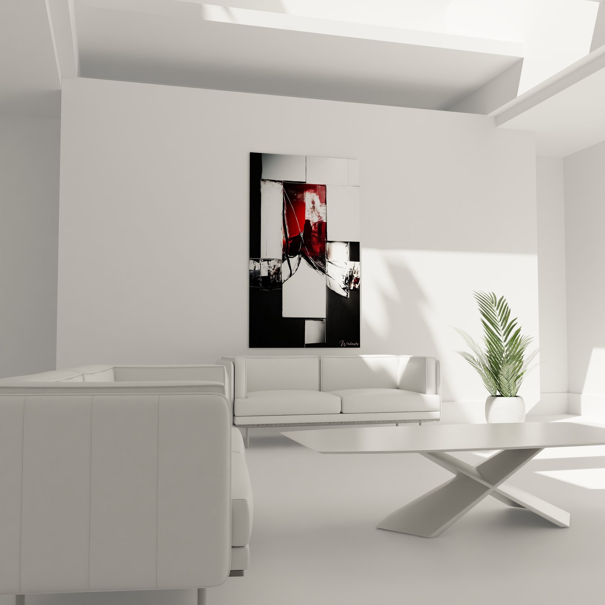 Détail tableau géométrique abstrait rouge vermillon traits noirs formes géométriques texture moderne