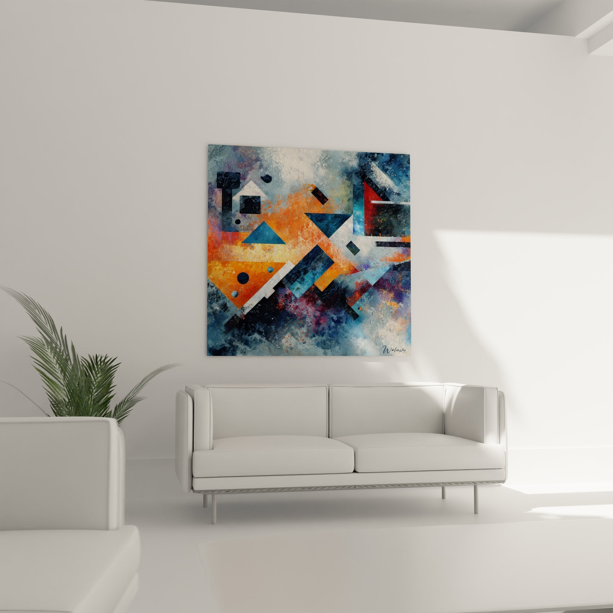 Détail tableau géométrique abstrait, textures et formes colorées orange bleues gros plan