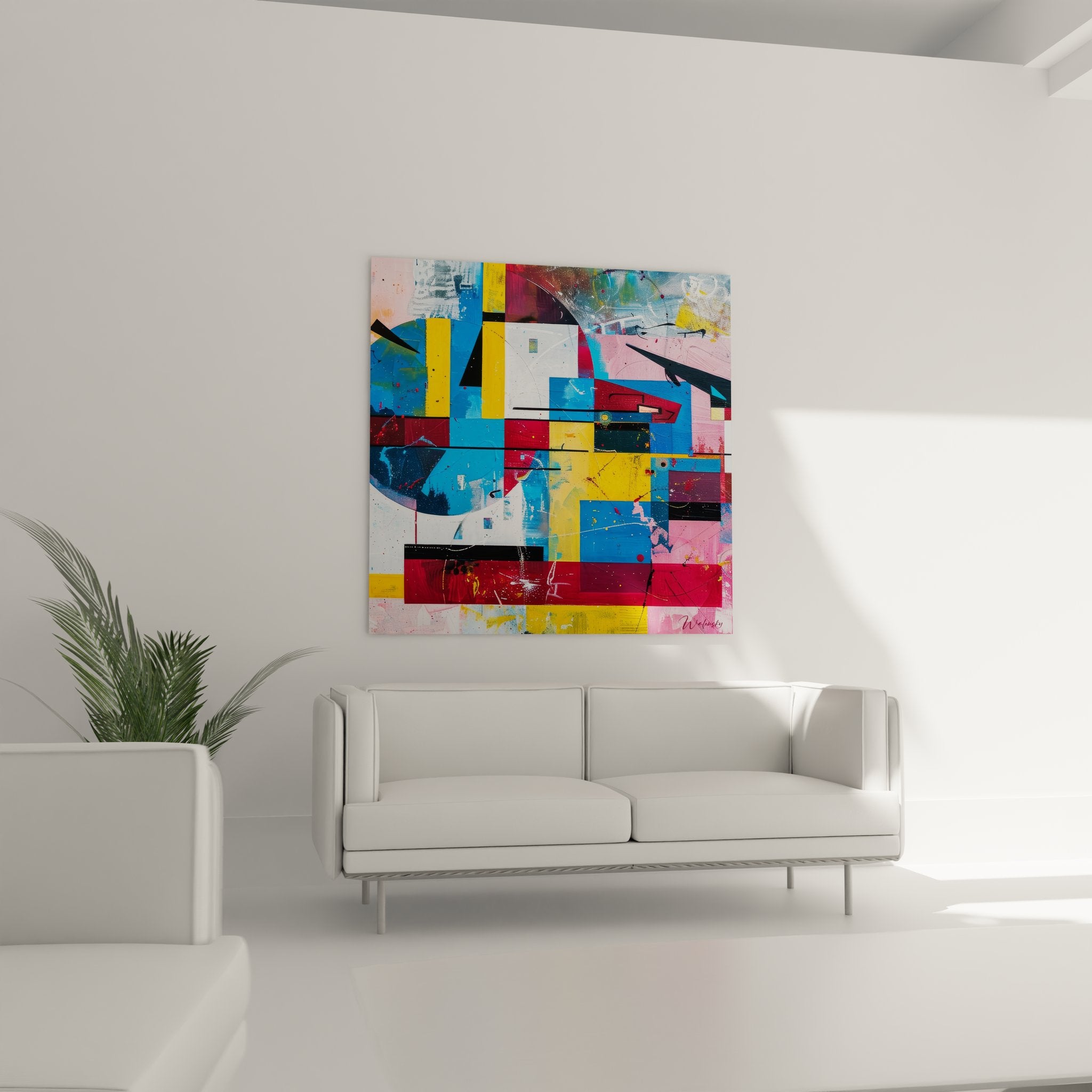 Détail tableau géométrique abstrait montrant textures colorées et formes architecturales modernes