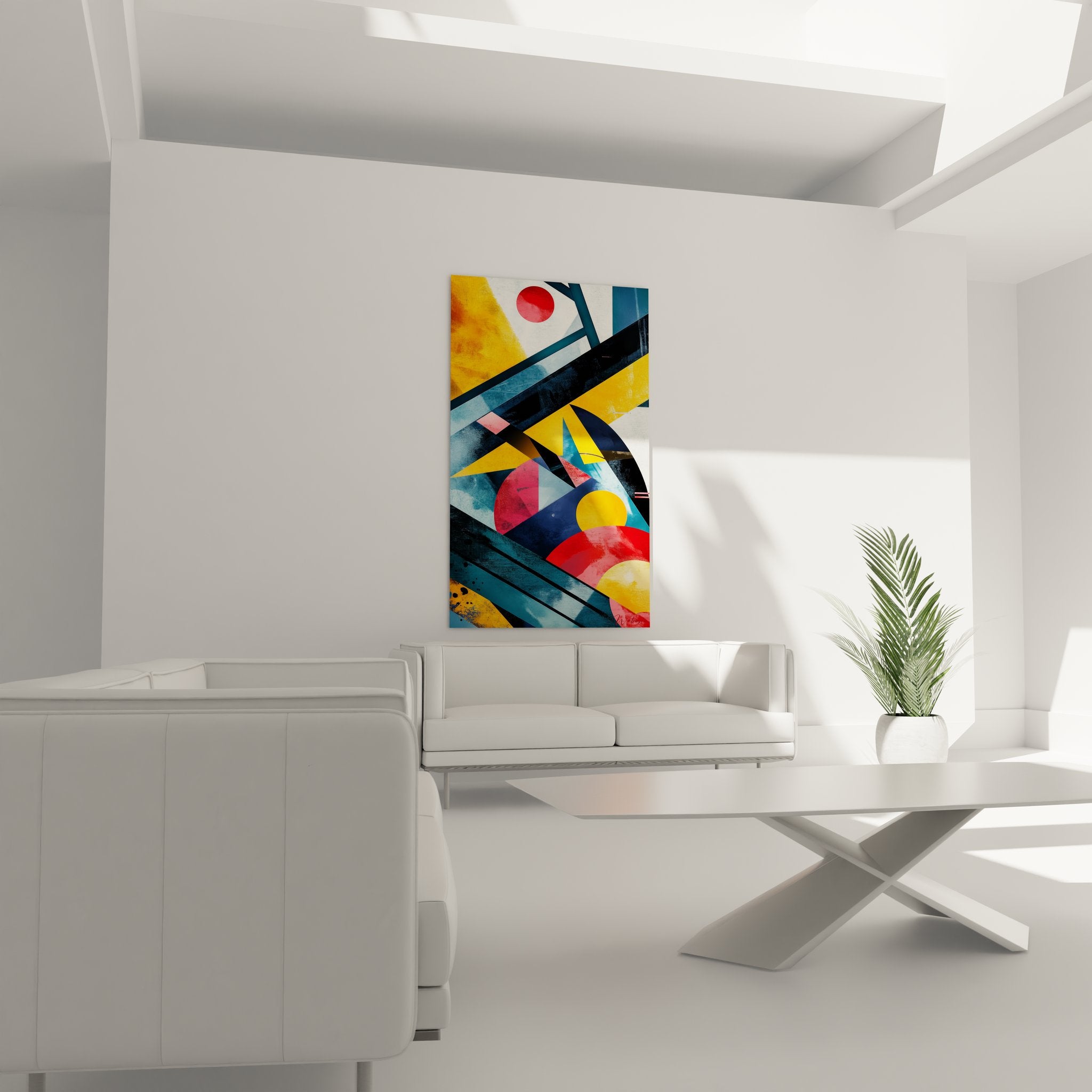 Détail gros plan tableau abstrait géométrique montrant textures et superpositions colorées