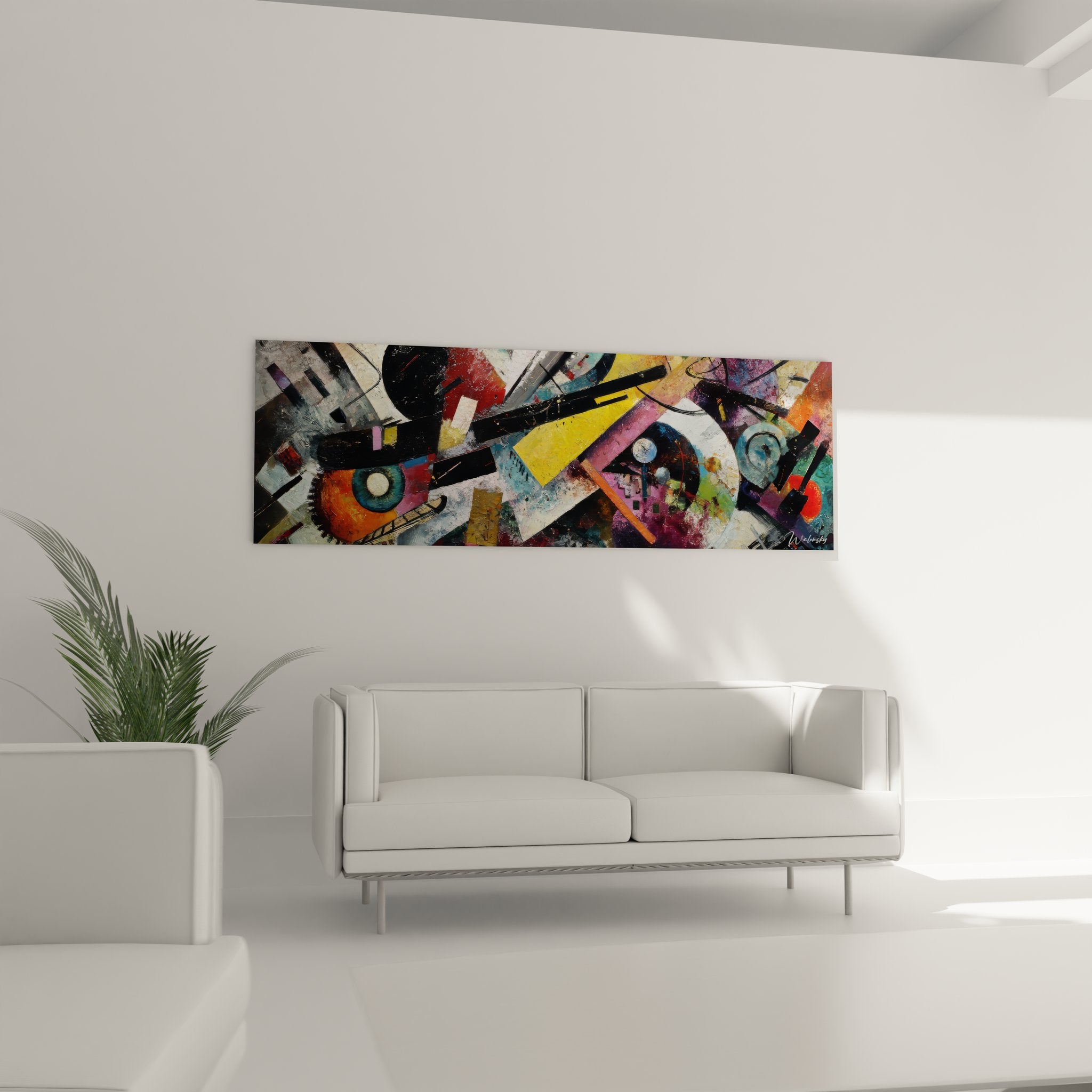 Détail rapproché du tableau géométrique abstrait montrant les textures et couleurs vives