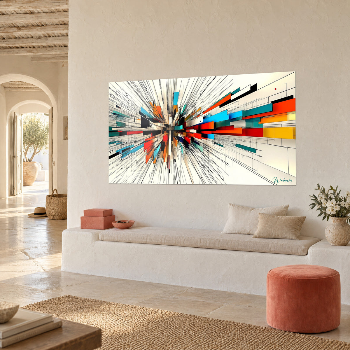 Tableau éclat urbain en perspective fuyante, bandes rouge vermillon et bleu ciel sur fond crème, mur chaulé d'une maison méditerranéenne