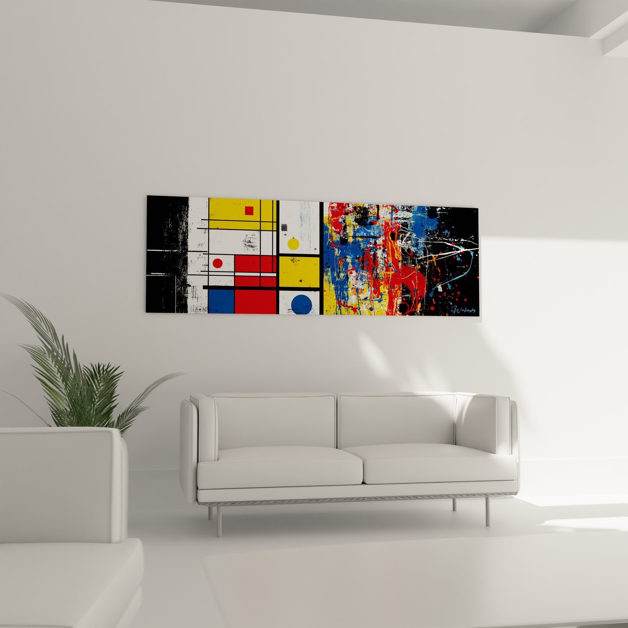 Détail gros plan tableau géométrique montrant transition Mondrian vers style Jackson Pollock