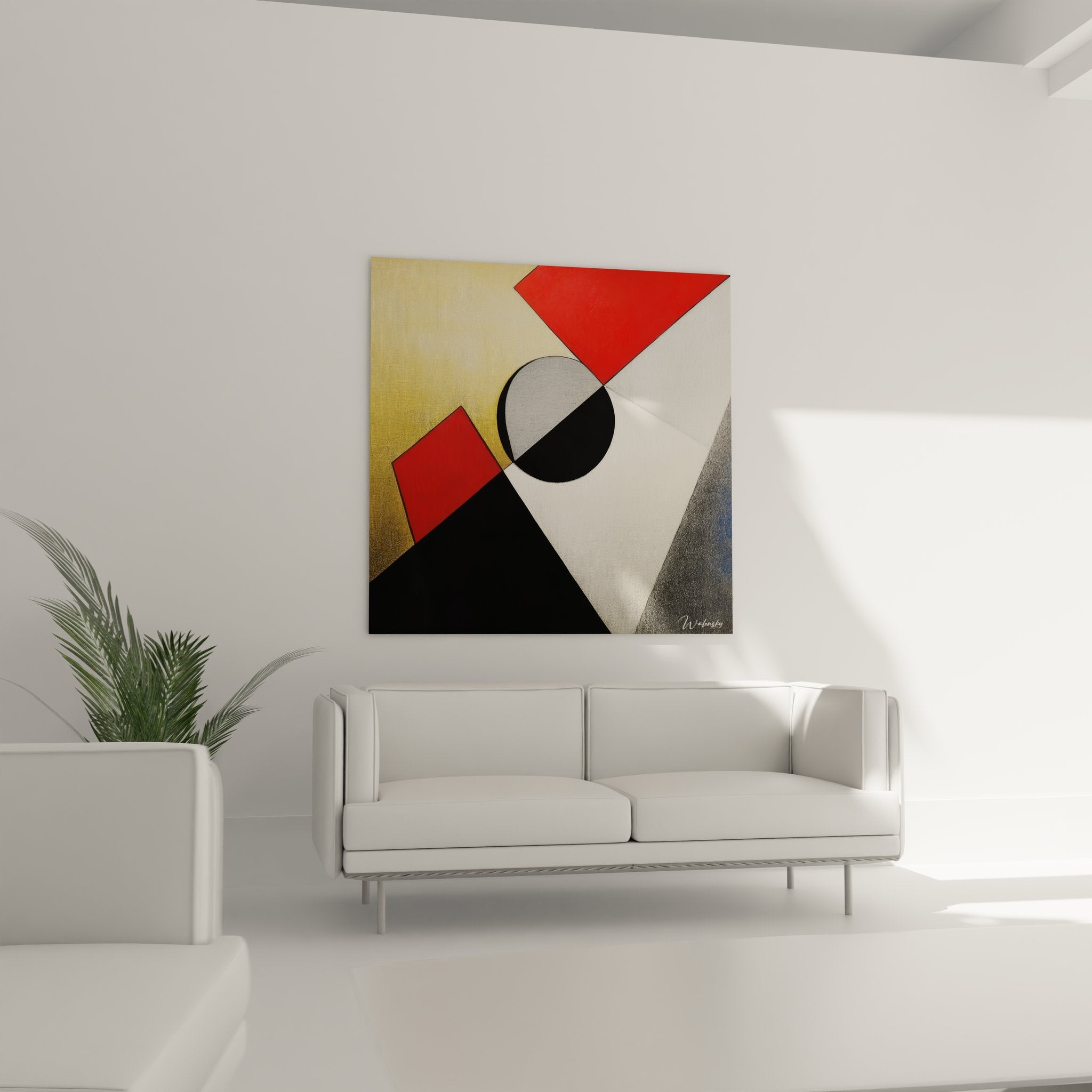 Détail rapproché du tableau géométrique montrant les nuances et textures des formes abstraites