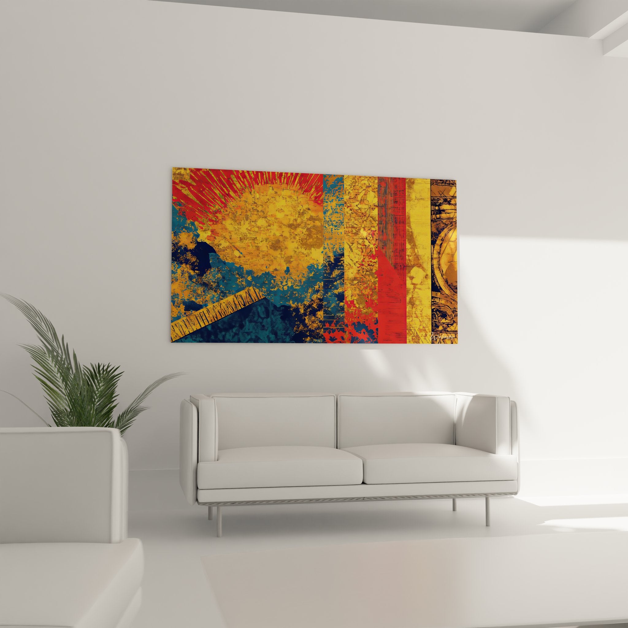 Détail gros plan tableau géométrique abstrait, textures urbaines et motifs colorés