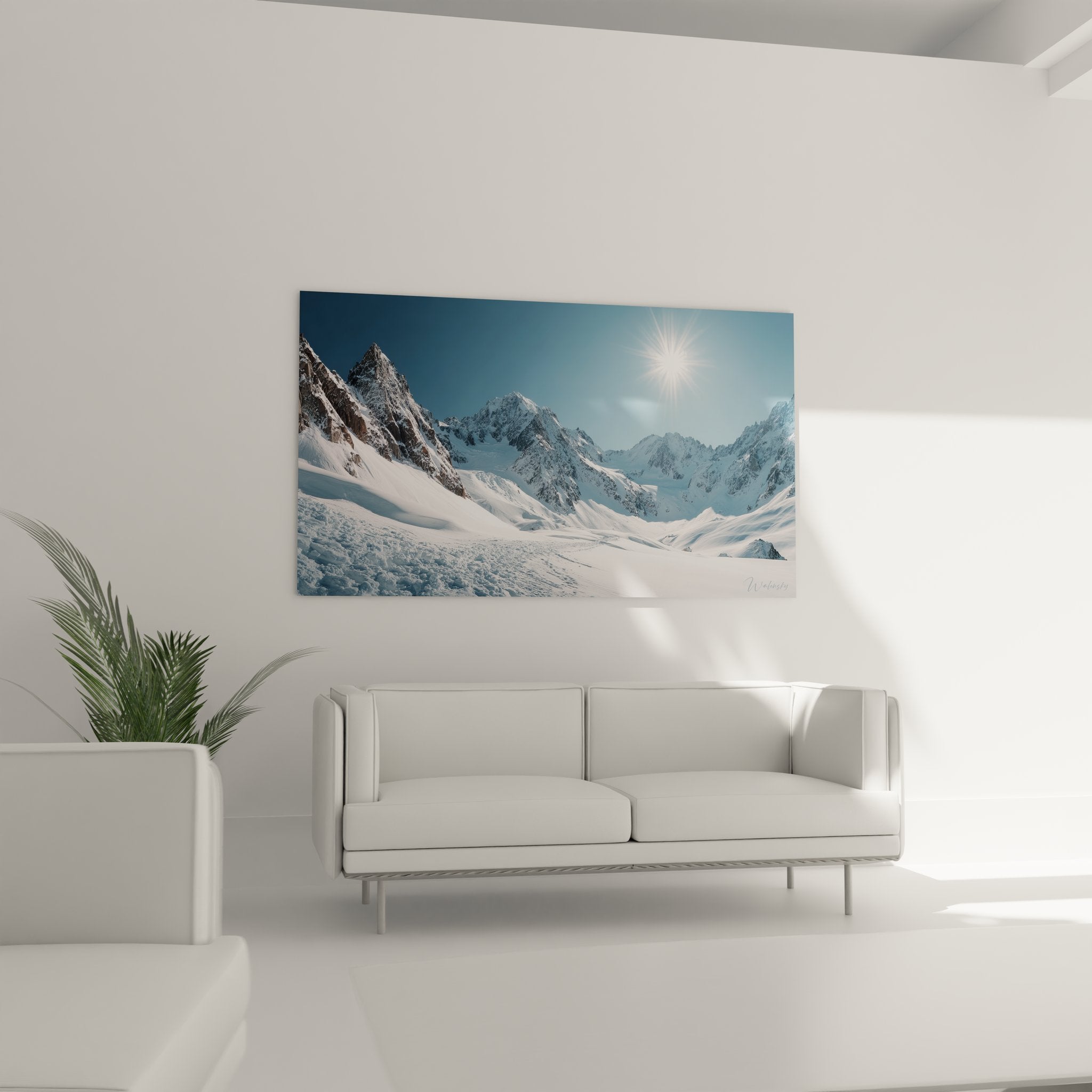 Détail tableau montagne hiver, texture neige et roches, qualité impression art mural glacier alpin