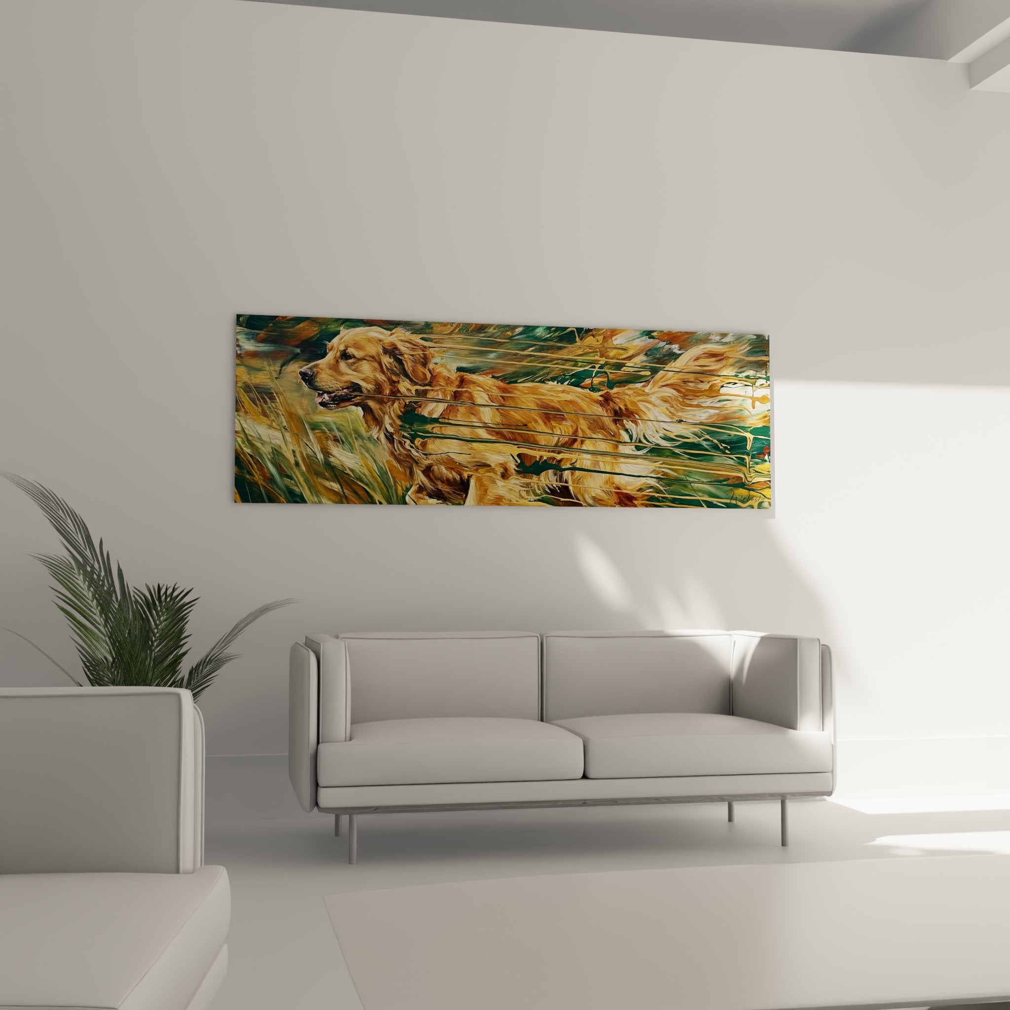 Détail tableau Golden Retriever, coups de pinceau expressifs dorés et verts, technique impressionniste