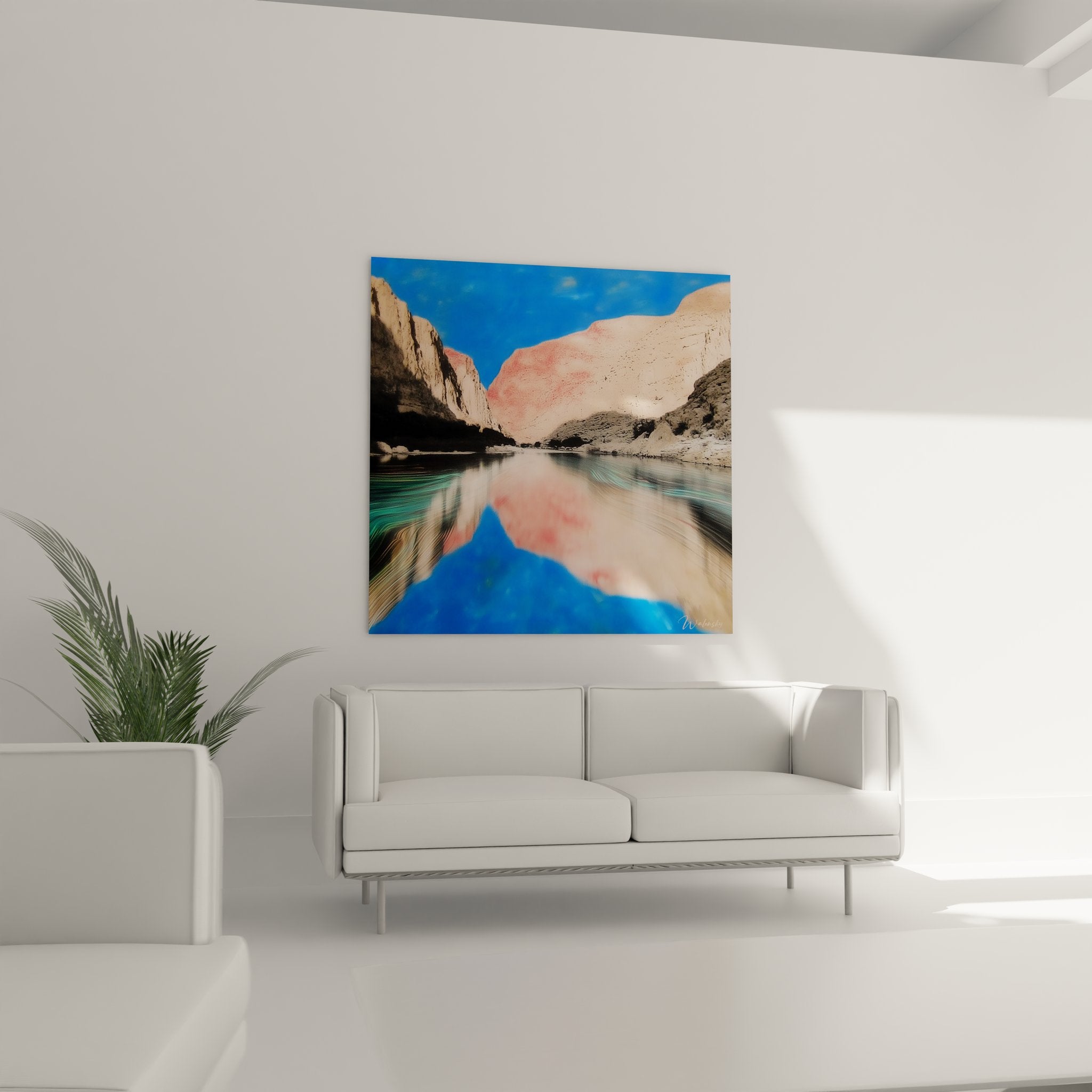 Détail tableau gorge canyon montrant textures rocheuses et reflets eau cristalline turquoise