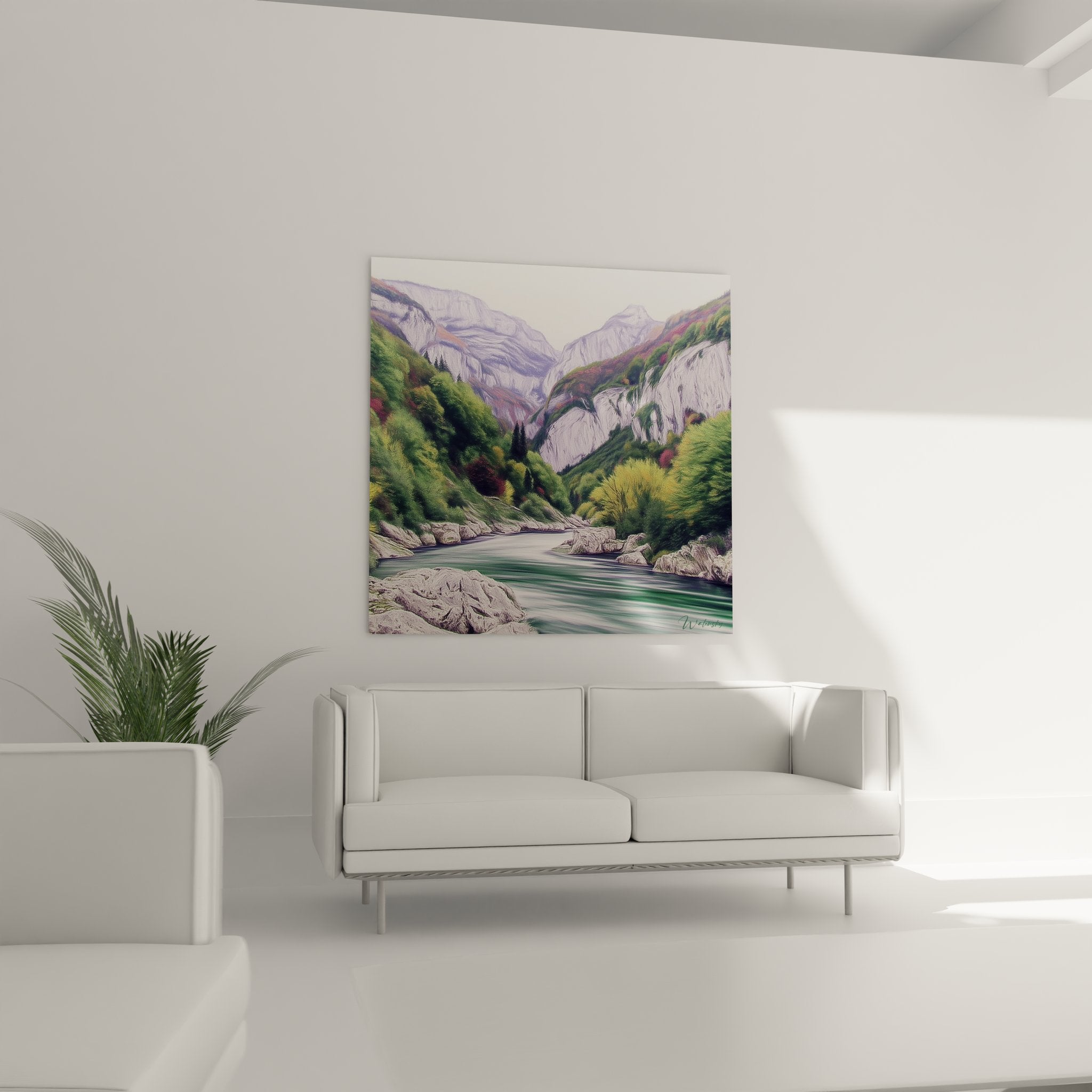 Détail tableau rivière gorges montrant falaises calcaires et rochers dans l'eau cristalline