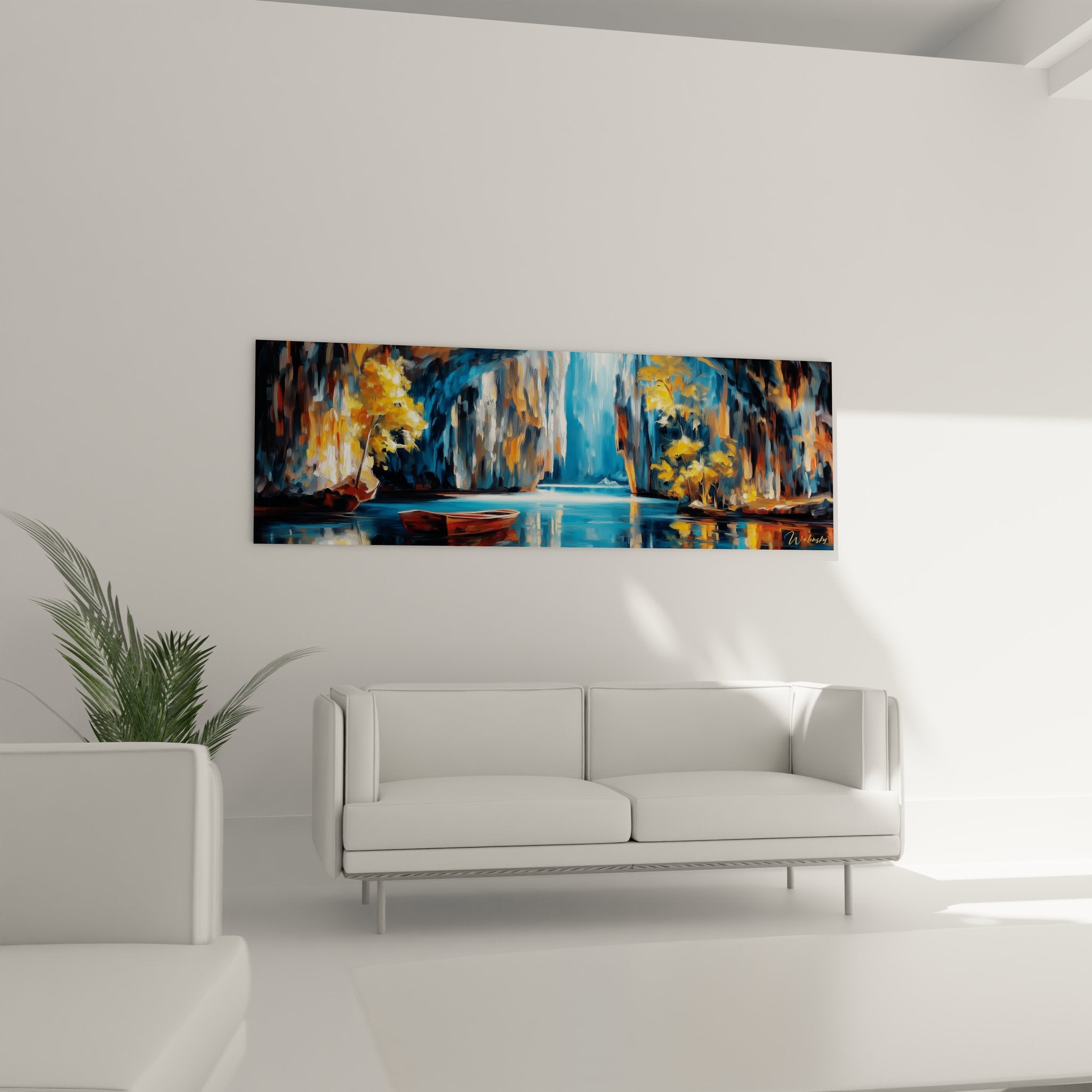 Détail tableau grotte souterraine montrant textures rocheuses, jeux de lumière et reflets aquatiques