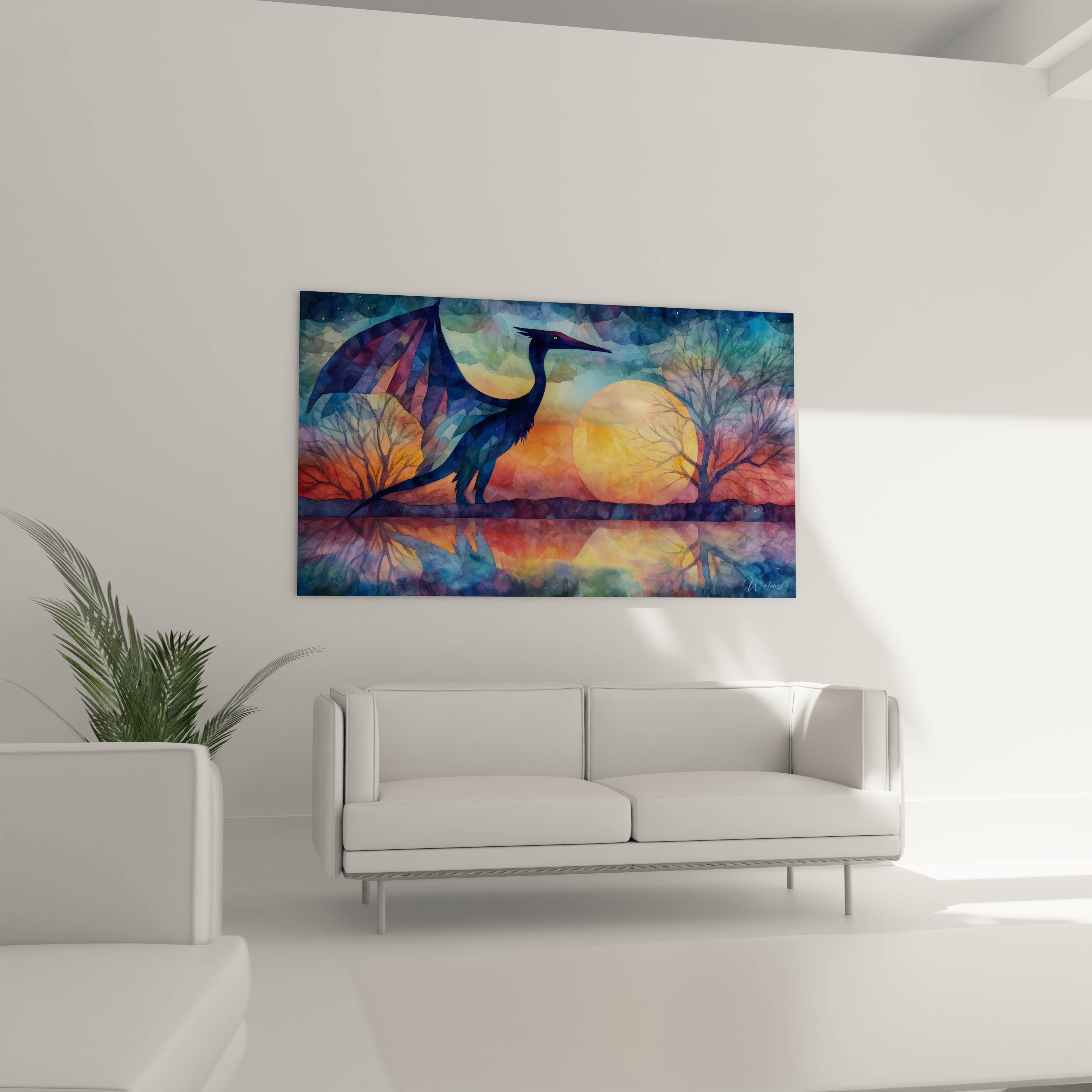 Détail tableau héron stylisé formes géométriques colorées art contemporain