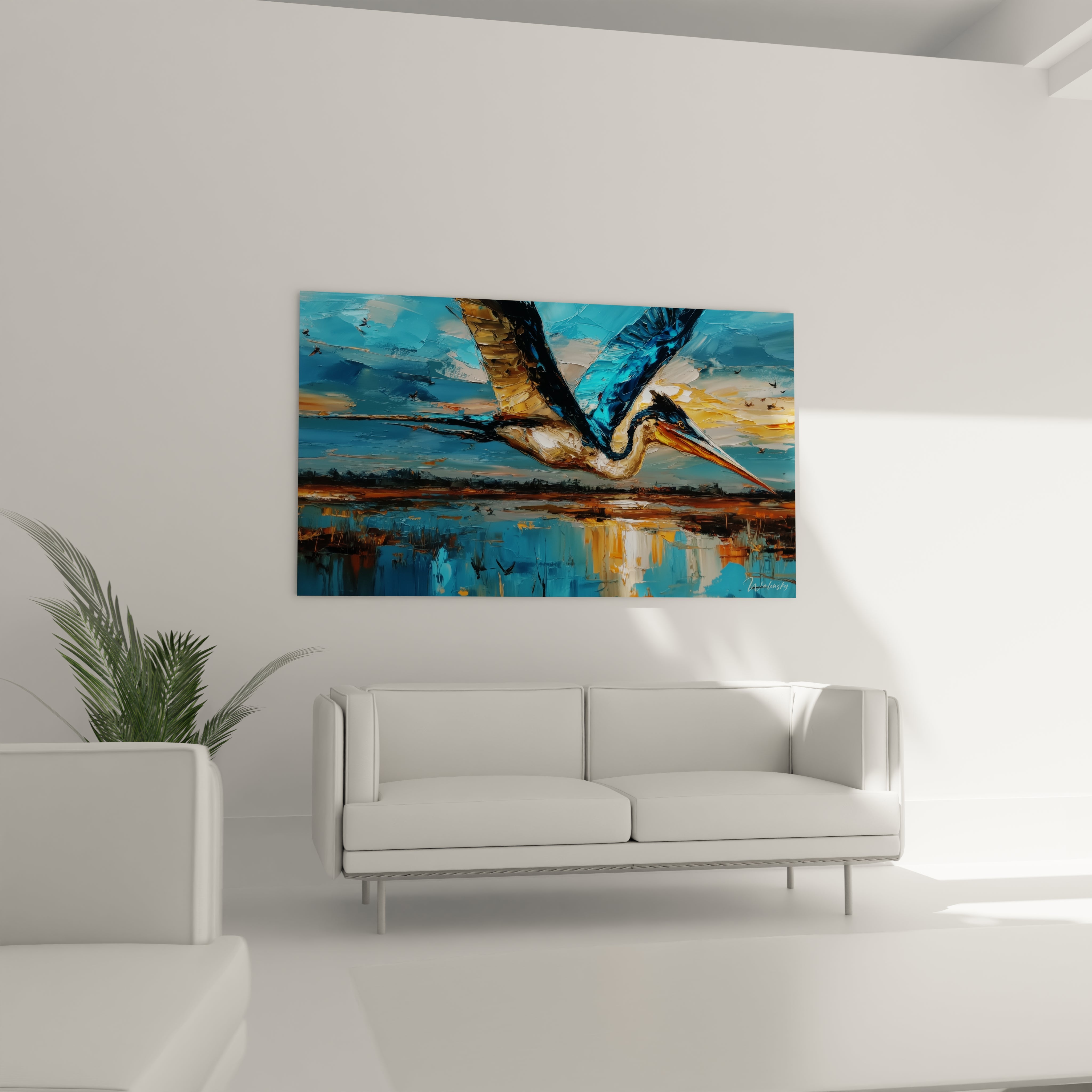 Détail rapproché du tableau héron montrant la finesse des plumes et la technique picturale expressive