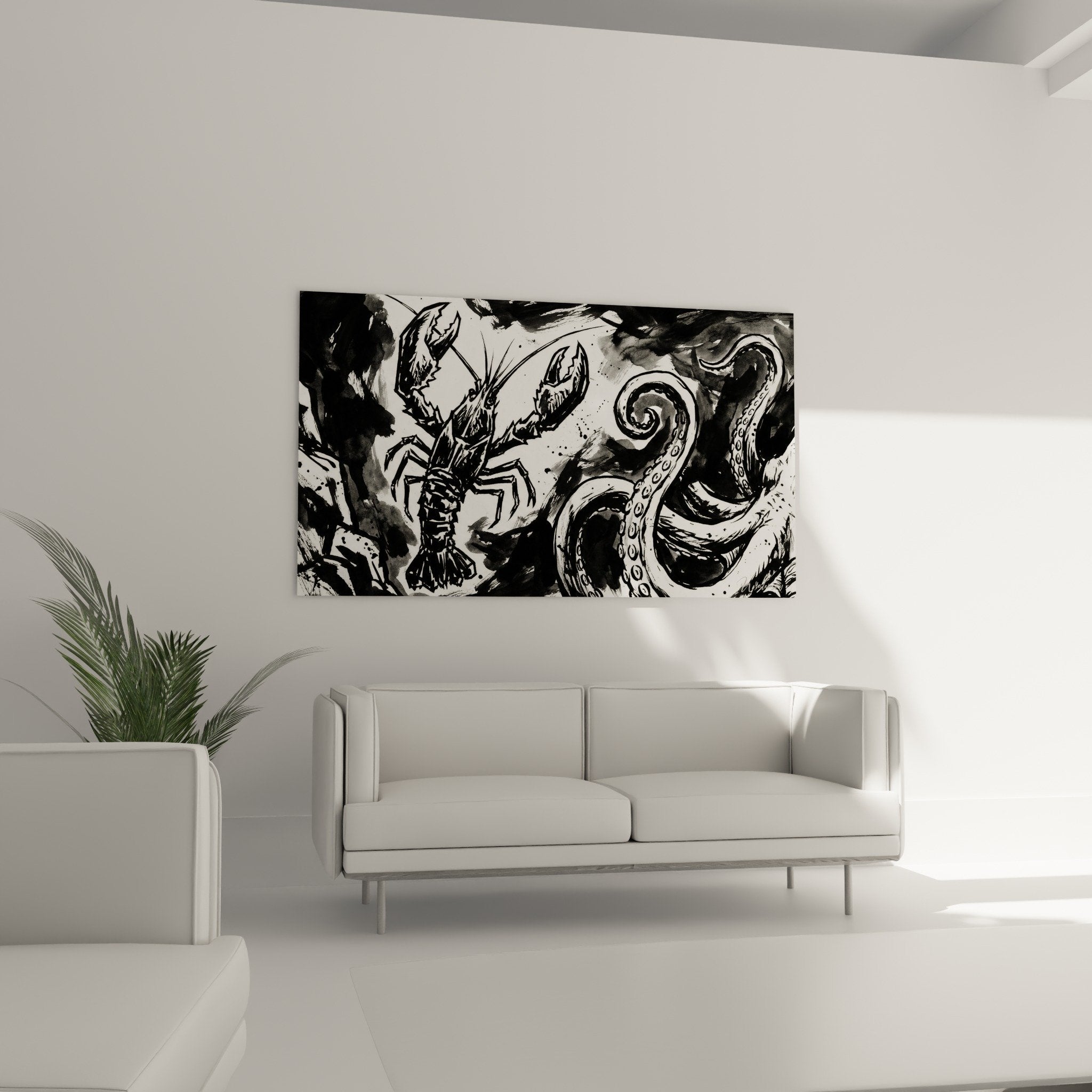 Nahaufnahme Hummer-Kunstwerk mit Tentakeln und spiralförmigen schwarzen Tintenspritzern auf strukturierter Oberfläche