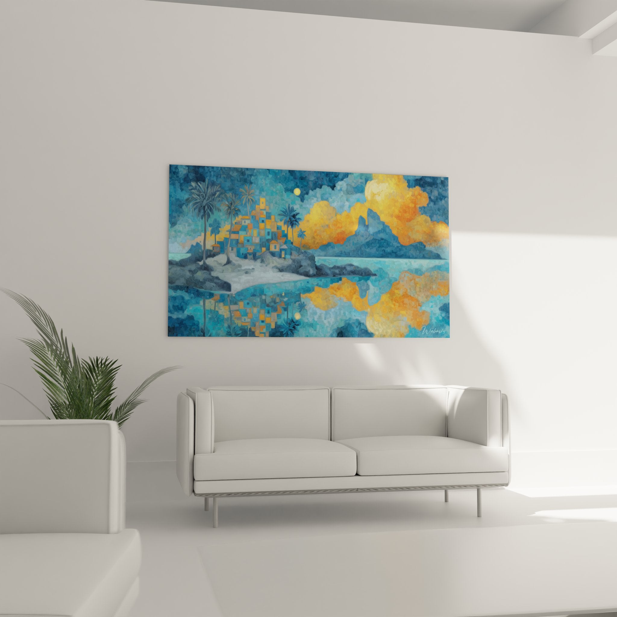 Détail tableau paysage exotique montrant reflets dorés dans eau et architecture méditerranéenne