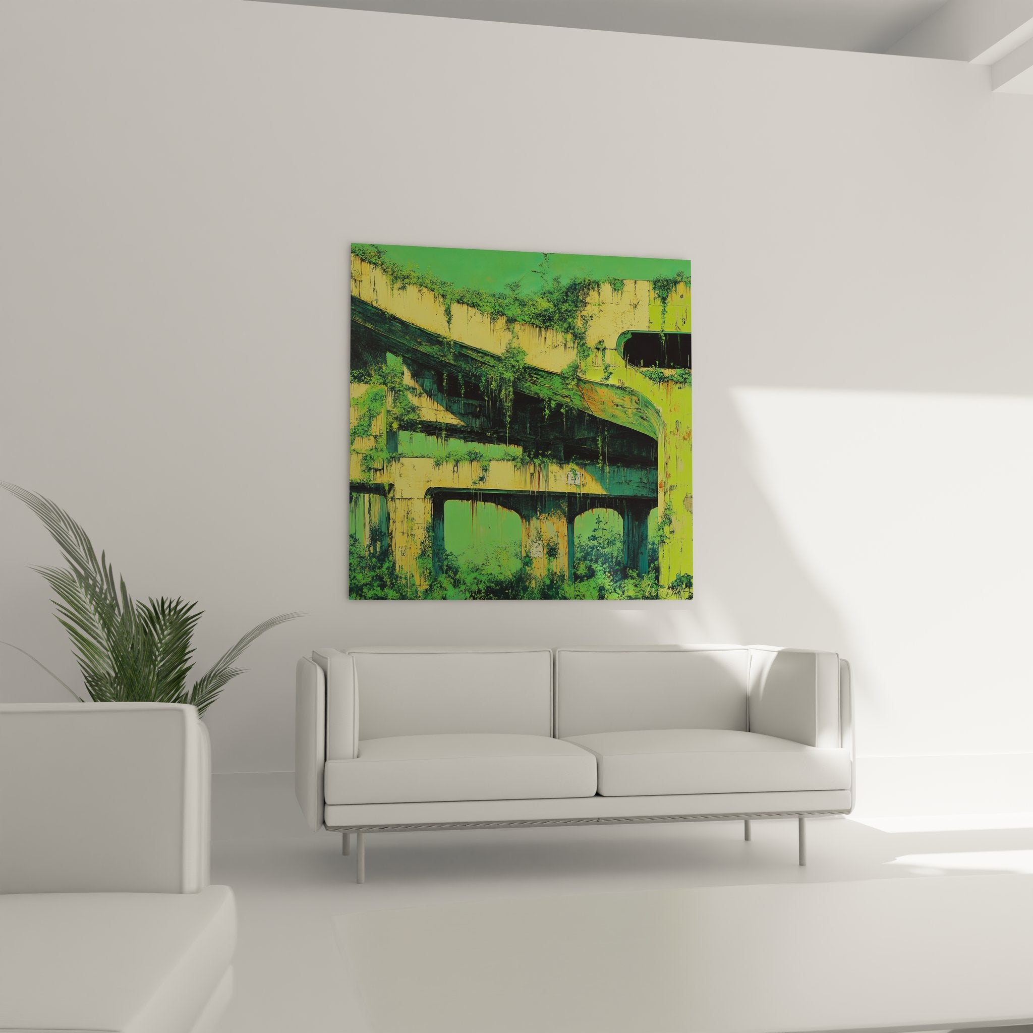 Détail gros plan tableau infrastructure délaissée, texture végétation sur béton, art urbain mural