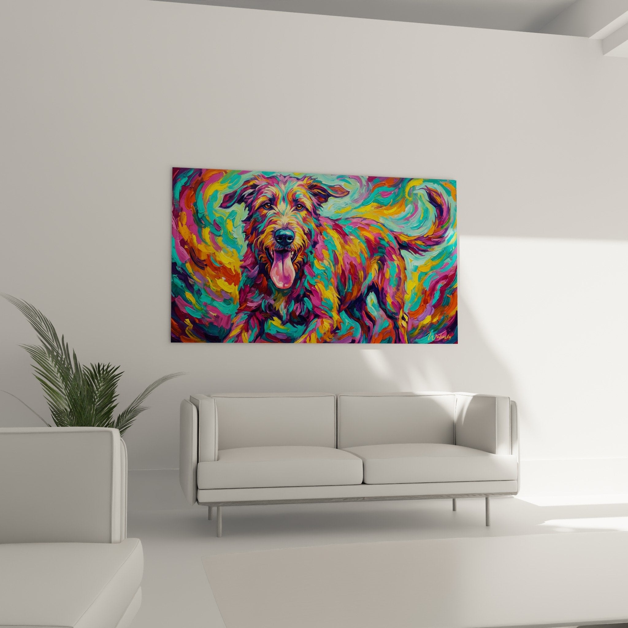 Detail Gemälde Irish Wolfhound Malerei leuchtende Farben Türkis Magenta künstlerische Textur expressive Pinselstriche