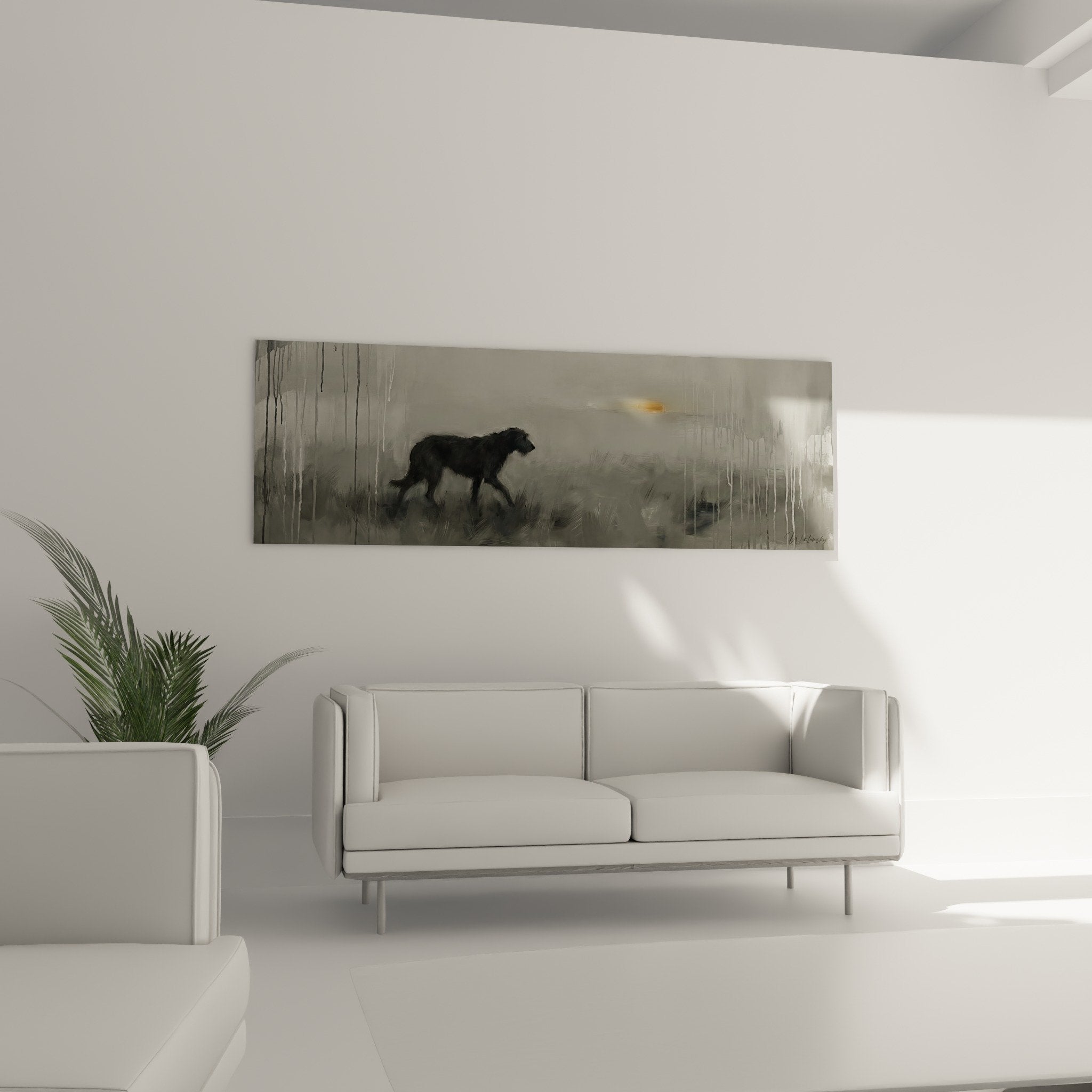 detail tableau irish wolfhound pluie technique picturale floue gris ocre art contemporain