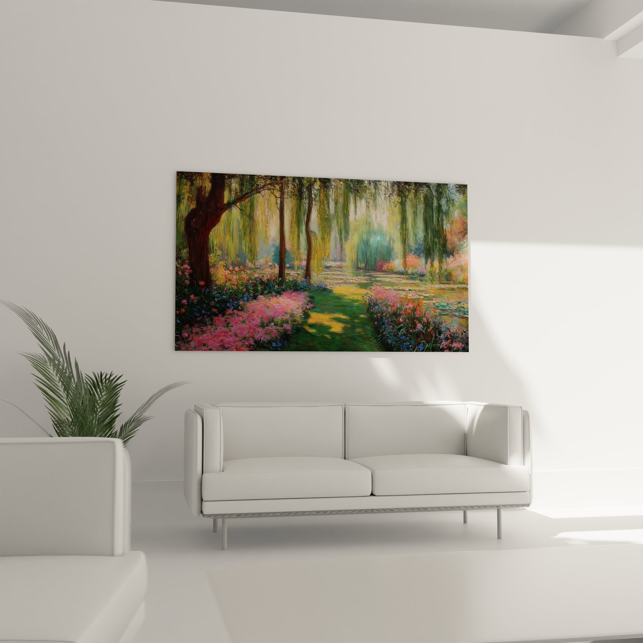 Détail tableau jardin impressionniste fleurs colorées saules pleureurs gros plan