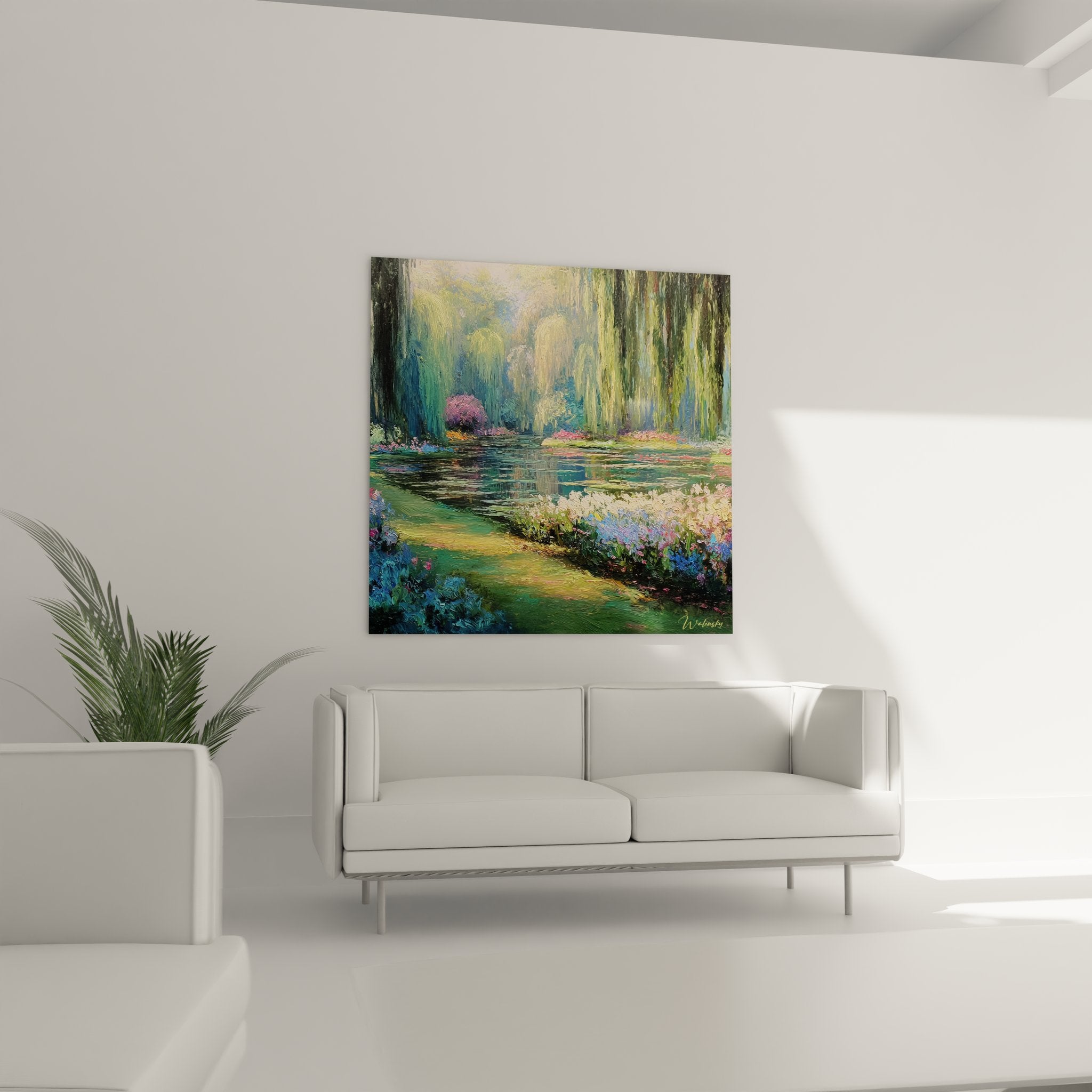 Détail gros plan tableau jardin impressionniste, touches de pinceau reflets eau et végétation