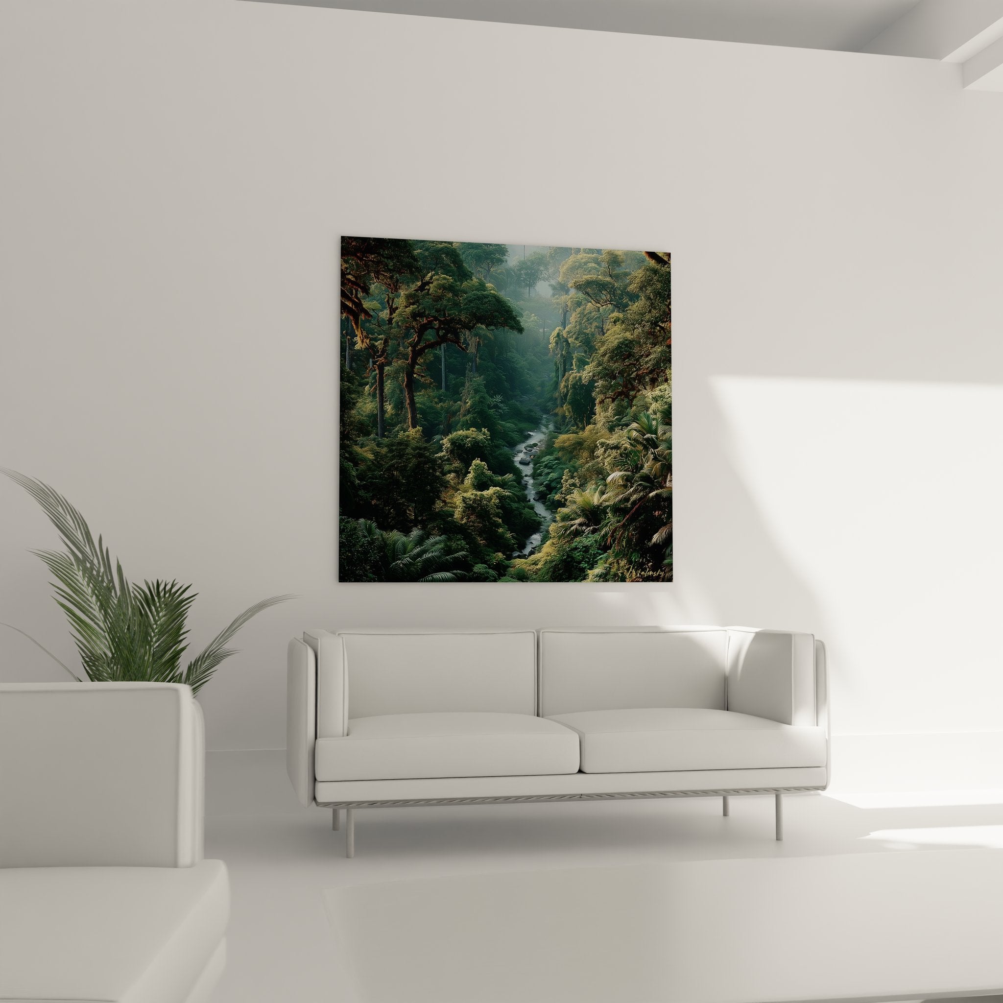 Détail tableau forêt tropicale montrant fougères géantes et arbres majestueux dans jungle luxuriante verte