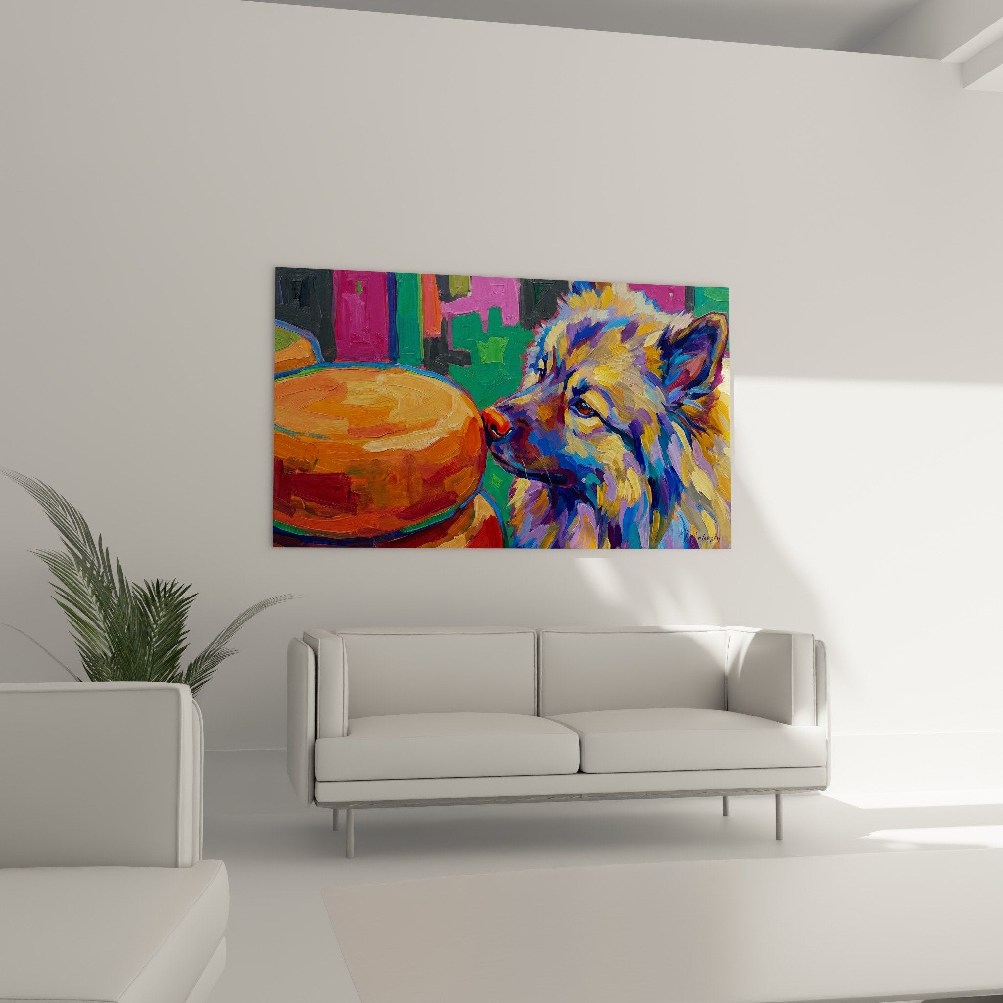 Détail tableau Keeshond aux couleurs vives, technique pinceau expressif, gamelle orange