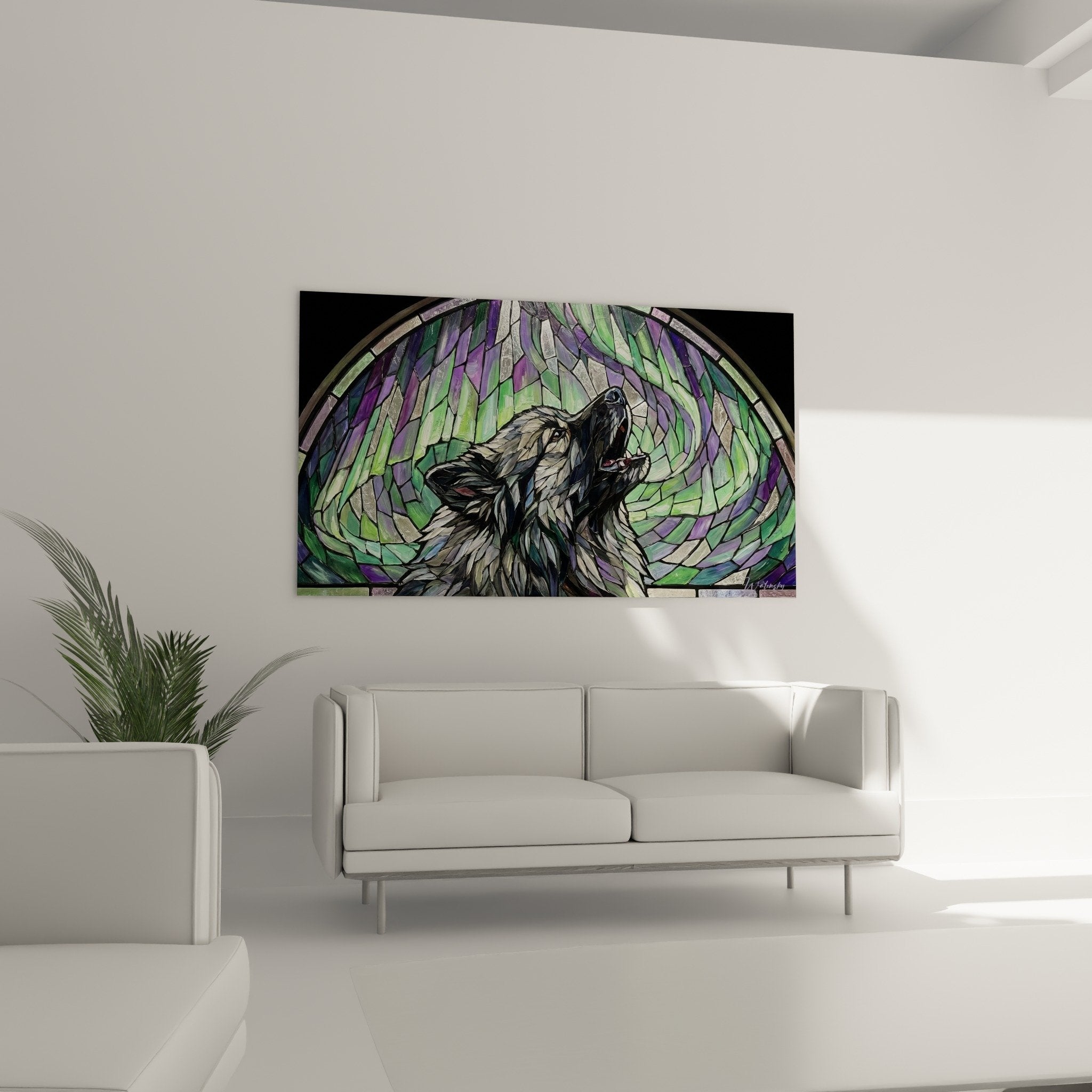 Gros plan tableau Keeshond technique vitrail, details nuances violettes vertes, lignes noires mosaique, art contemporain