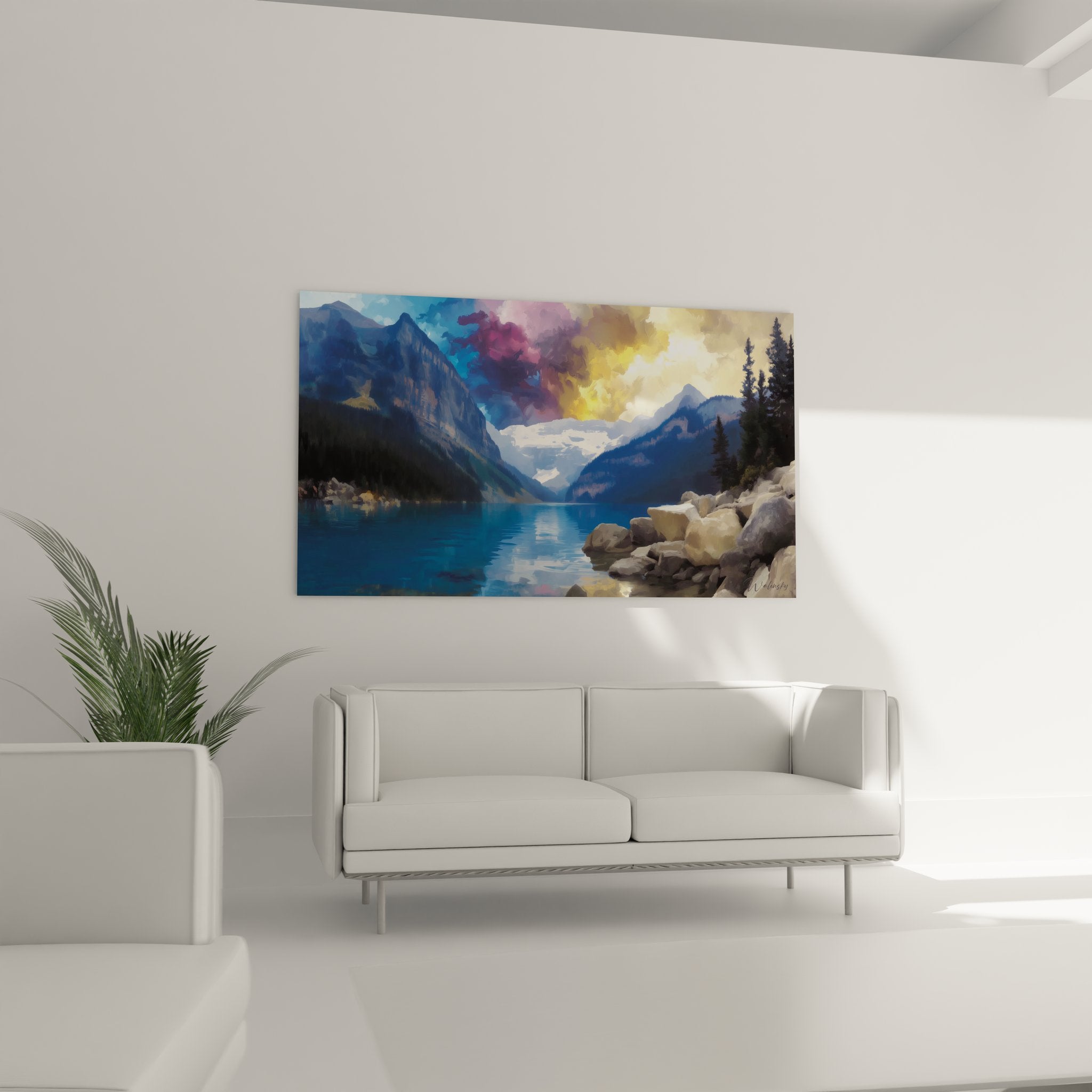 Détail tableau lac alpin, reflets cristallins et rochers sculptés, technique picturale