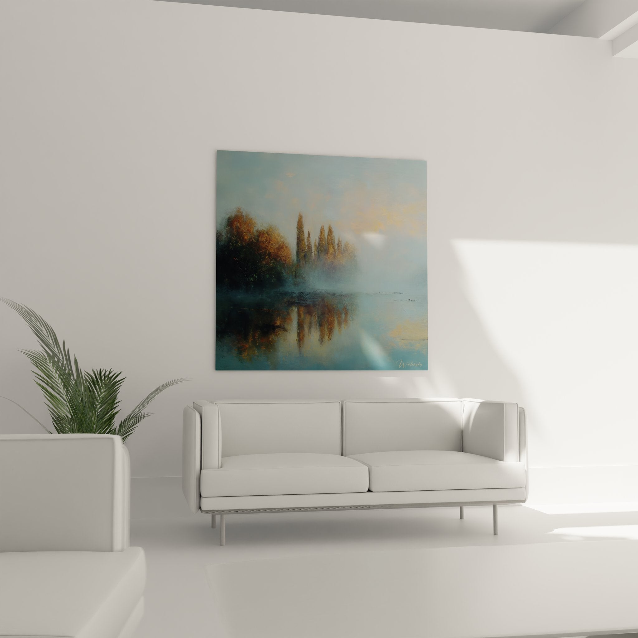 Détail rapproché tableau lac automne montrant reflets dorés et technique picturale brumeuse