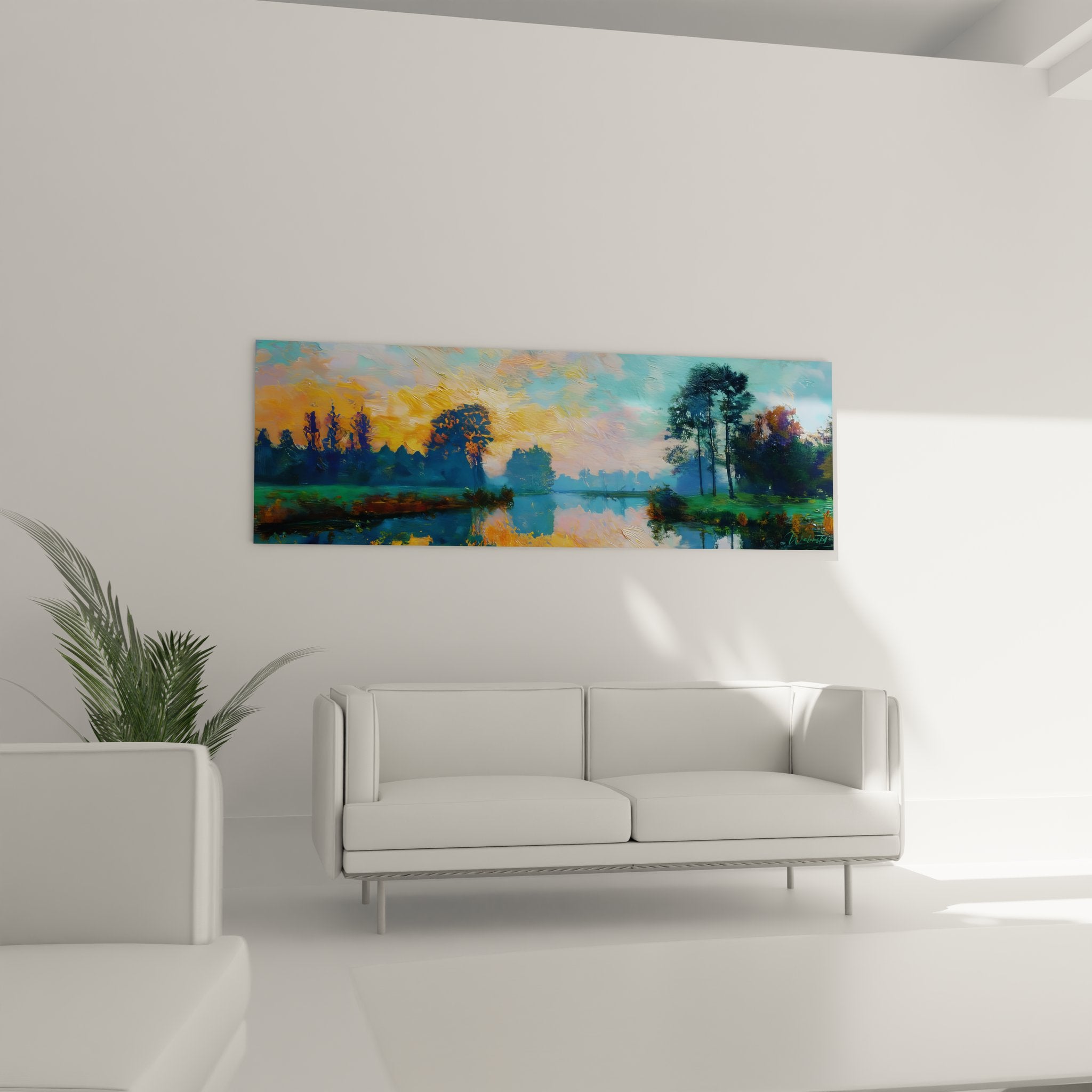 Détail gros plan tableau lac impressionniste reflets dorés technique pinceau visible