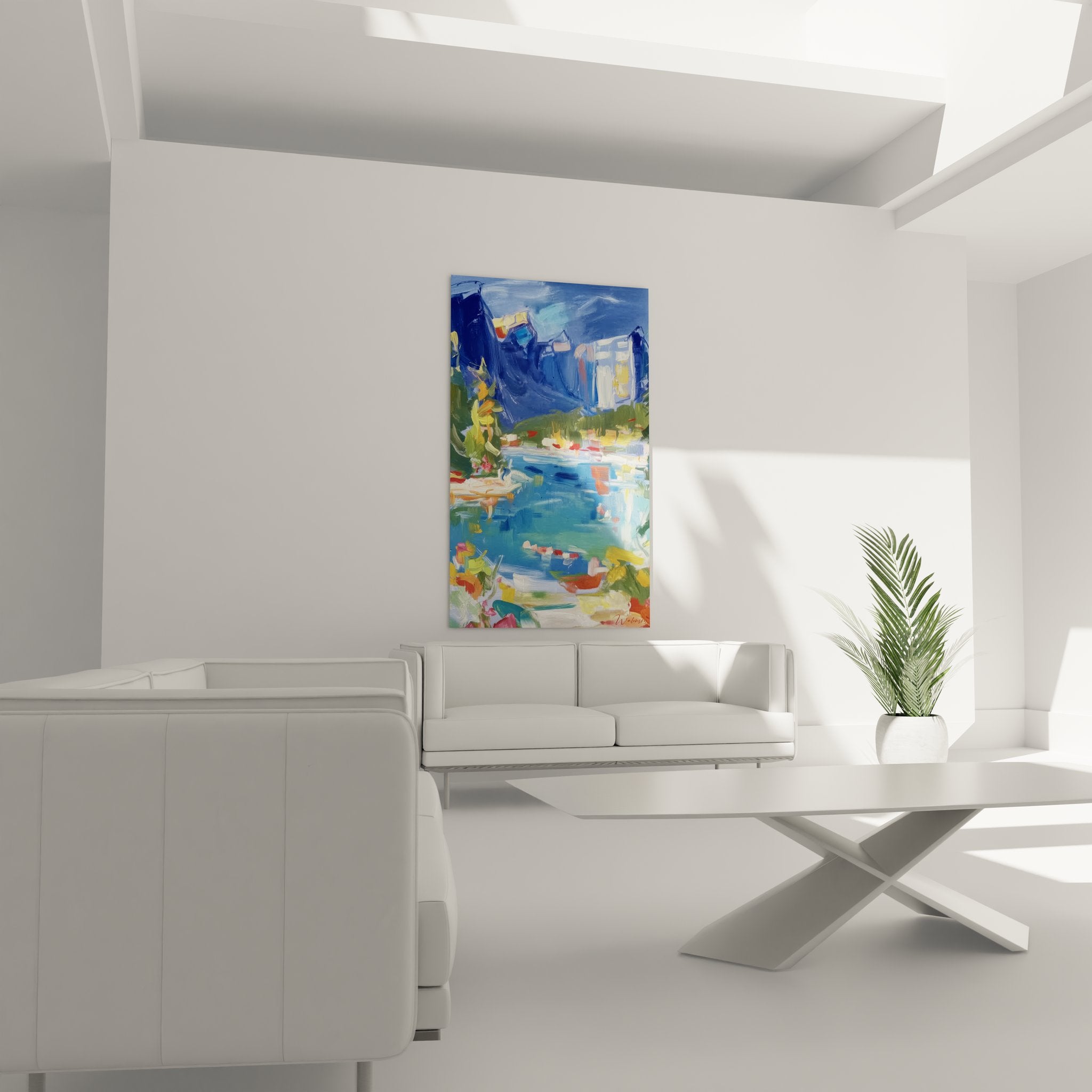 Détail tableau lac impressionniste, texture peinture alpine reflets montagneux colorés