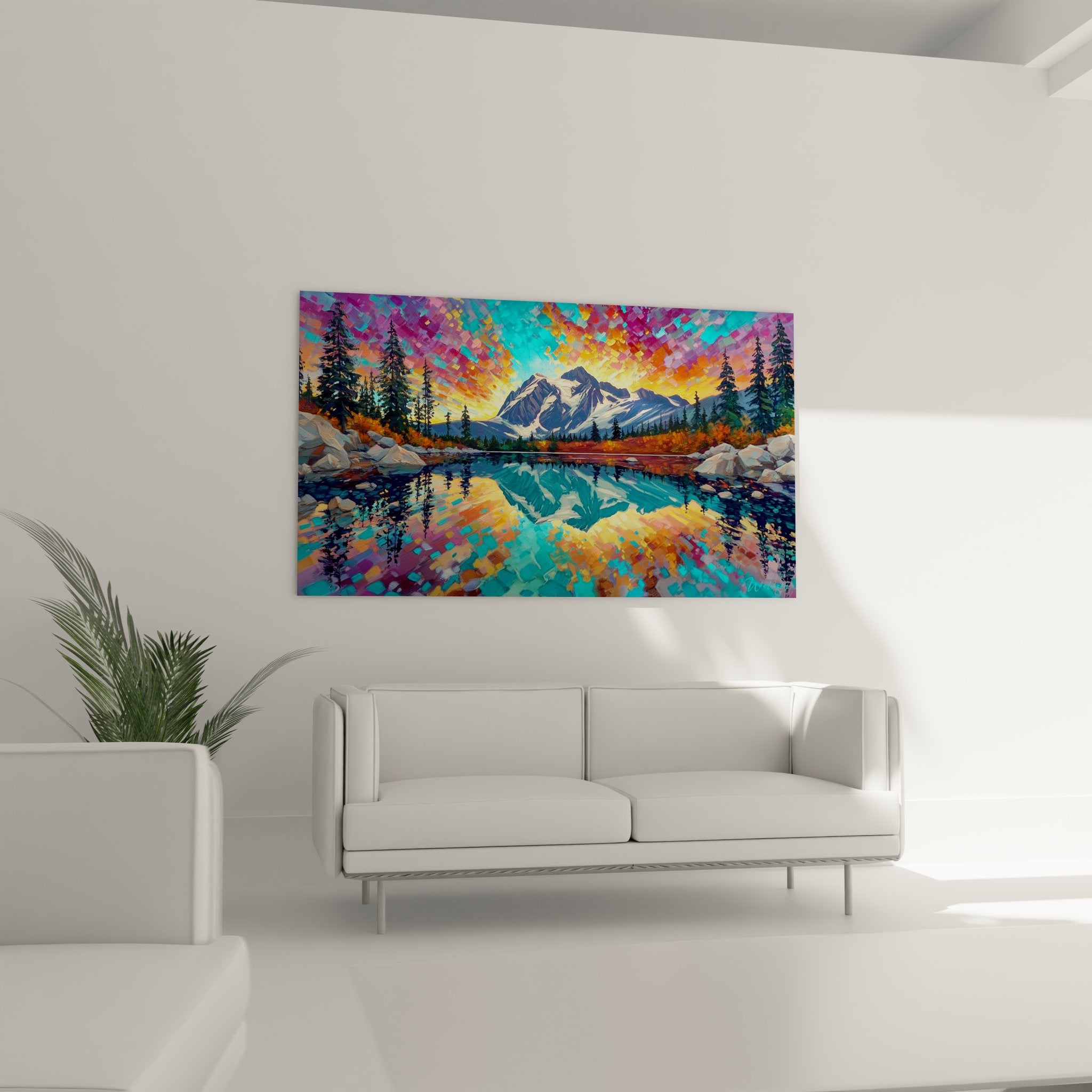 Dettaglio quadro lago montagna riflessi acqua cristallina tecnica artistica pixelata