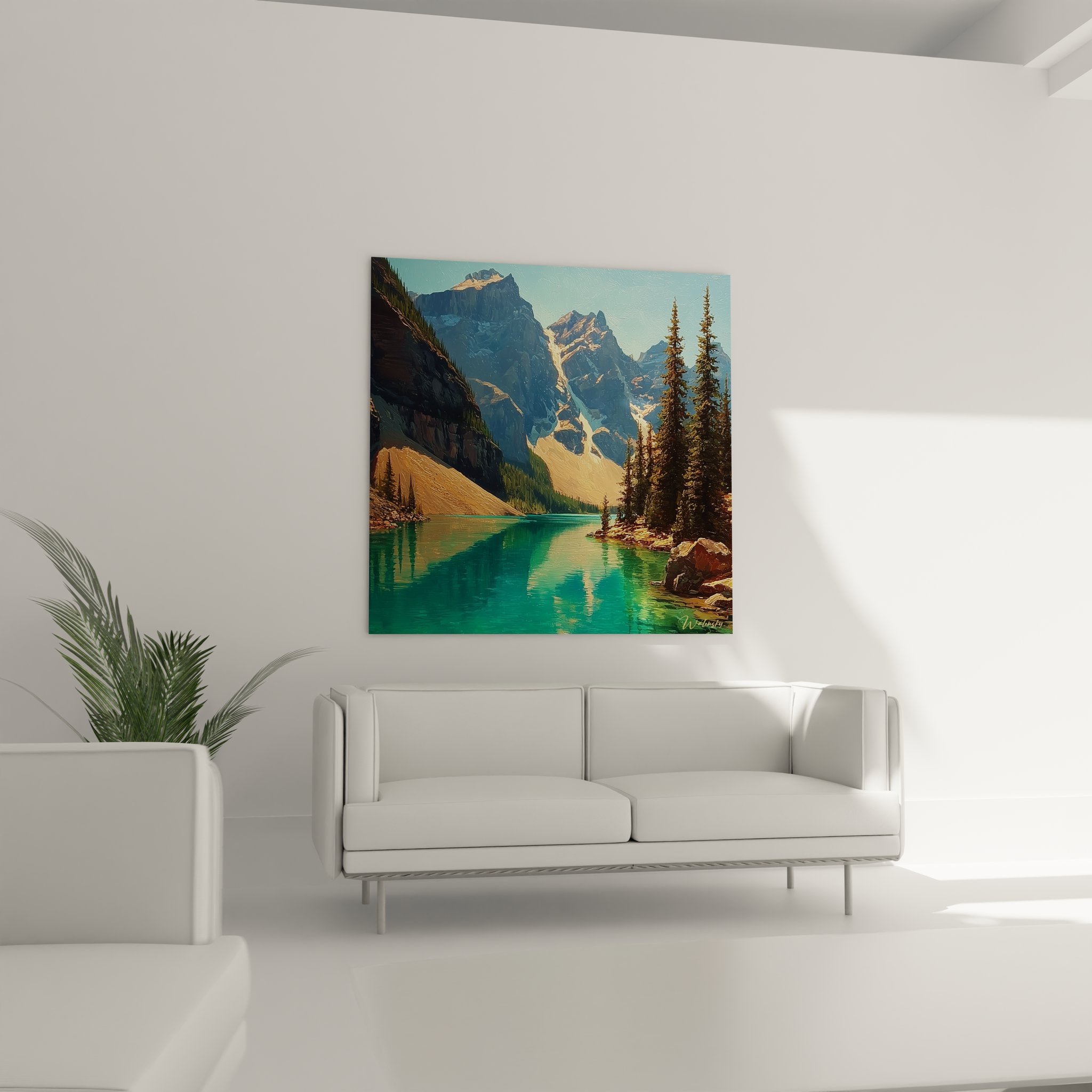 Détail rapproché tableau lac montagne montrant texture peinture et nuances turquoise des eaux cristallines