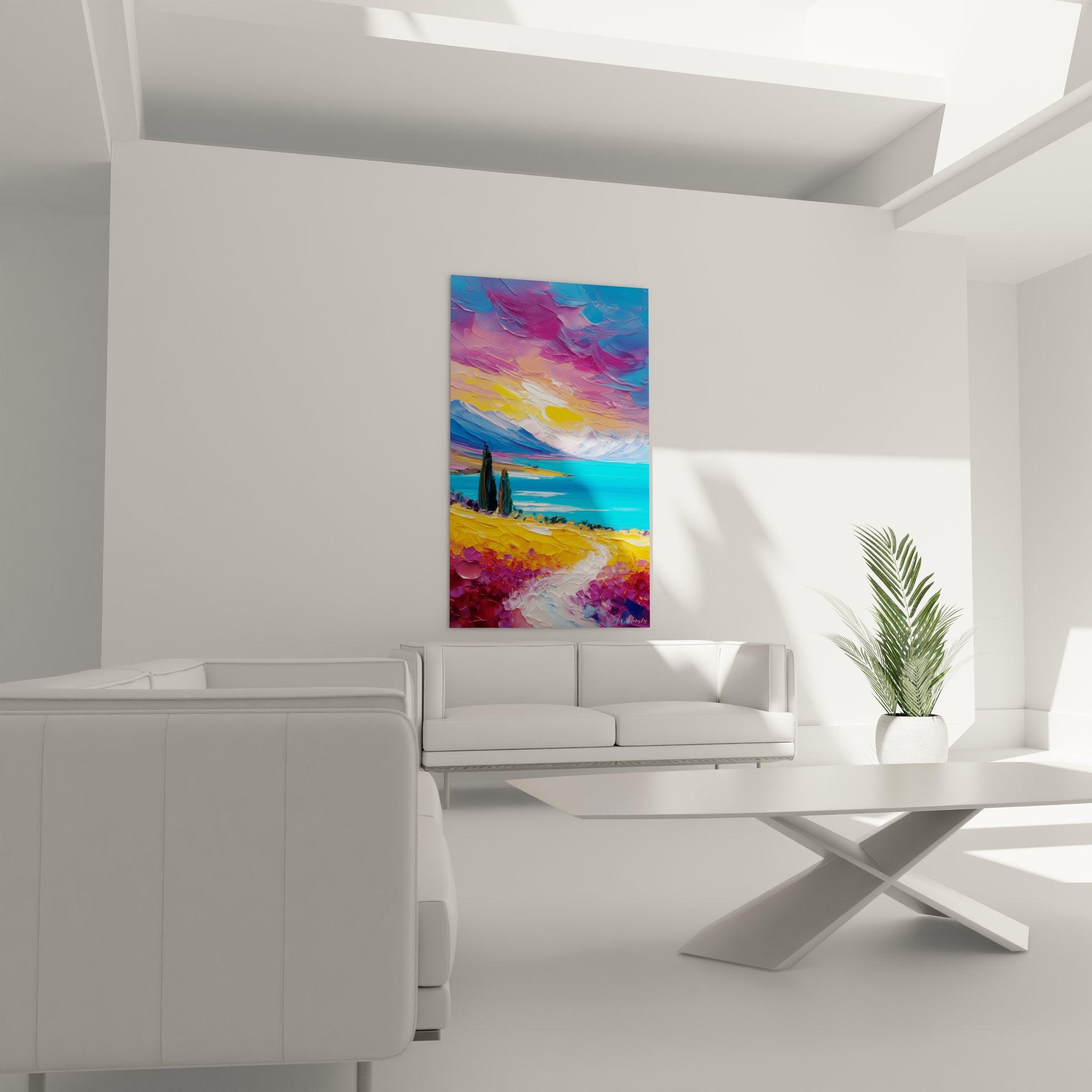 Close-up detail mountain lake painting textured impasto brushstrokes vibrant colors sunset art