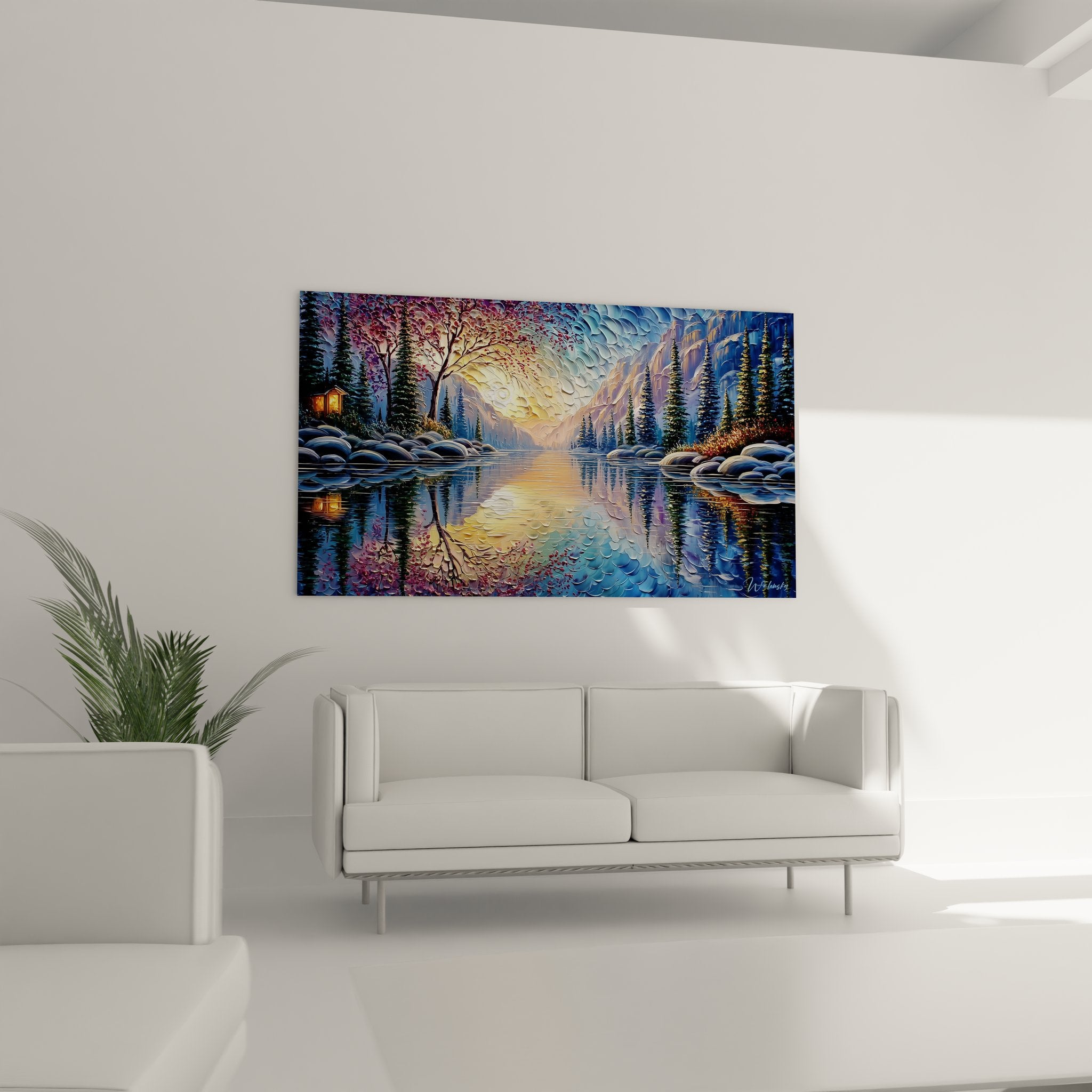 Détail tableau lac montagne, texture empâtement reflets dorés, technique picturale paysage nature