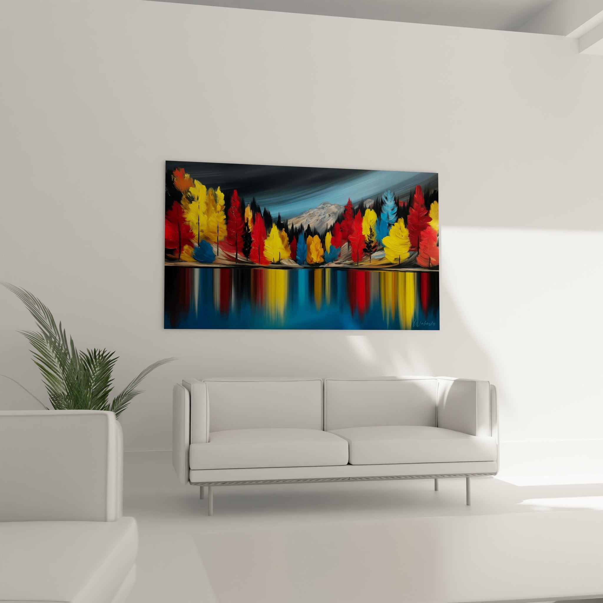 Détail tableau lac automnal montrant reflets colorés arbres dans eau calme