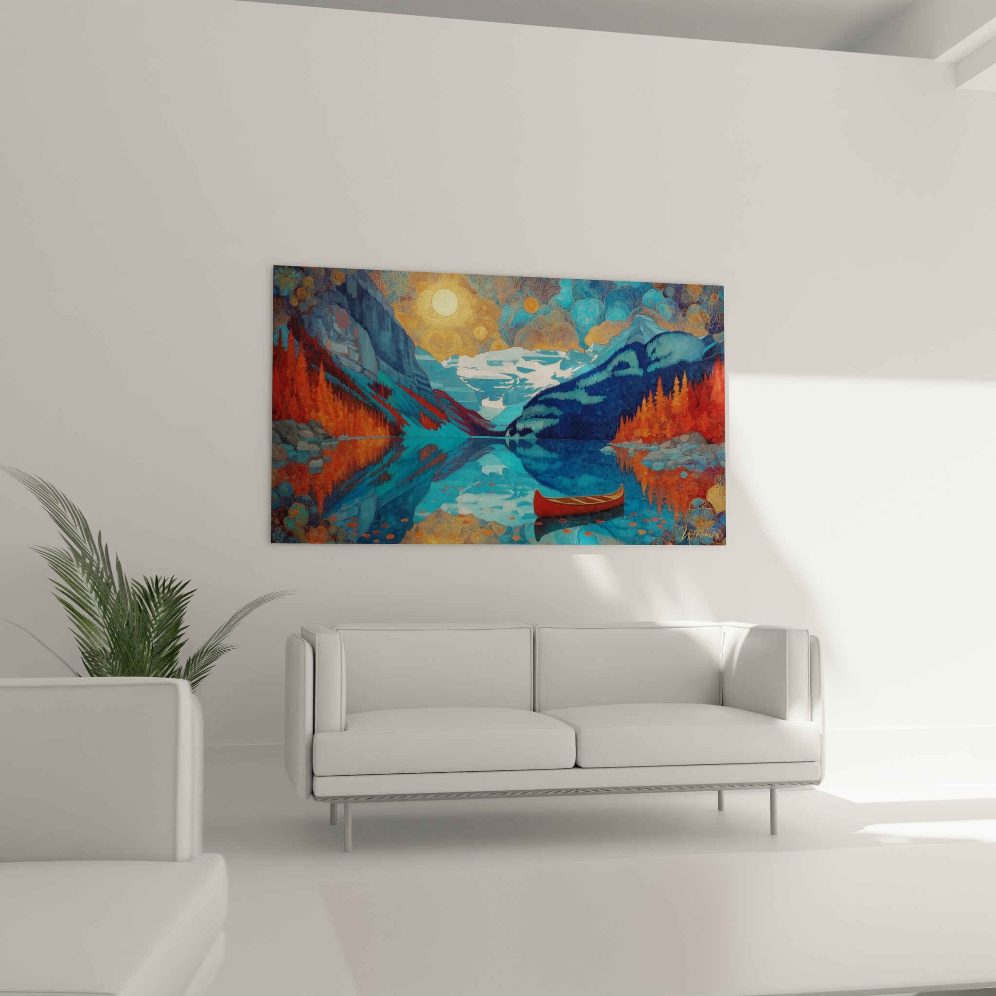 Détail gros plan tableau lac reflets dorés automne texture eau canoë rouge peinture artistique moderne