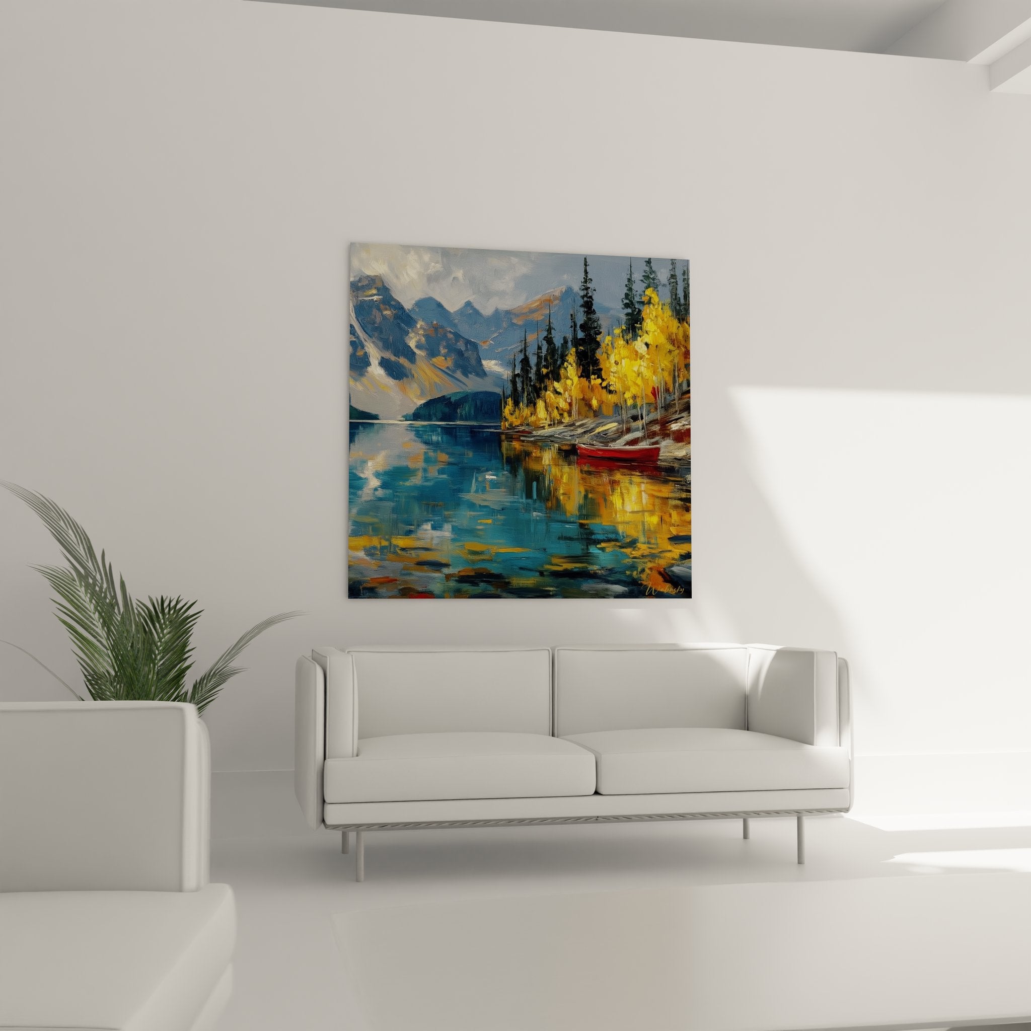 Détail tableau lac reflets dorés, technique peinture impressionniste barque rouge sur eau calme