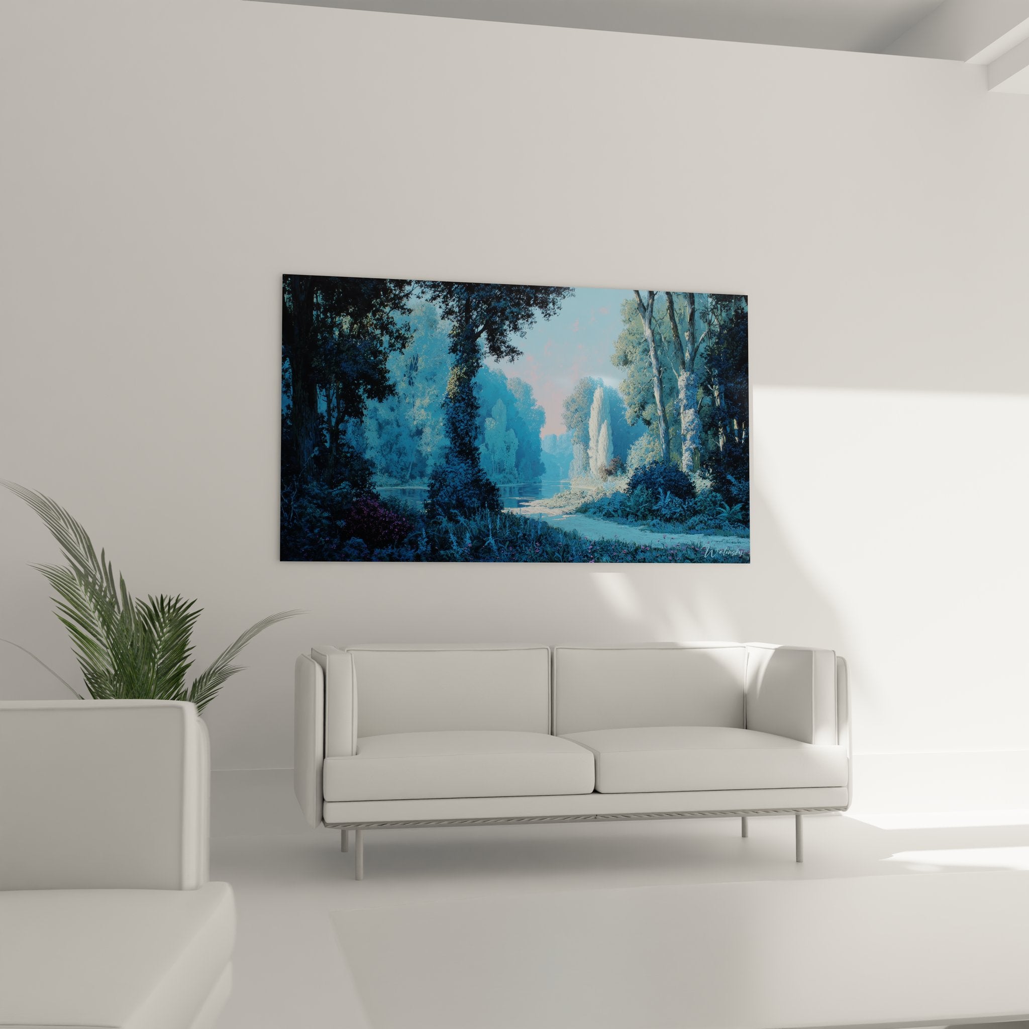 Détail rapproché tableau paysage lacustre montrant les reflets dorés sur l'eau et la végétation bleutée