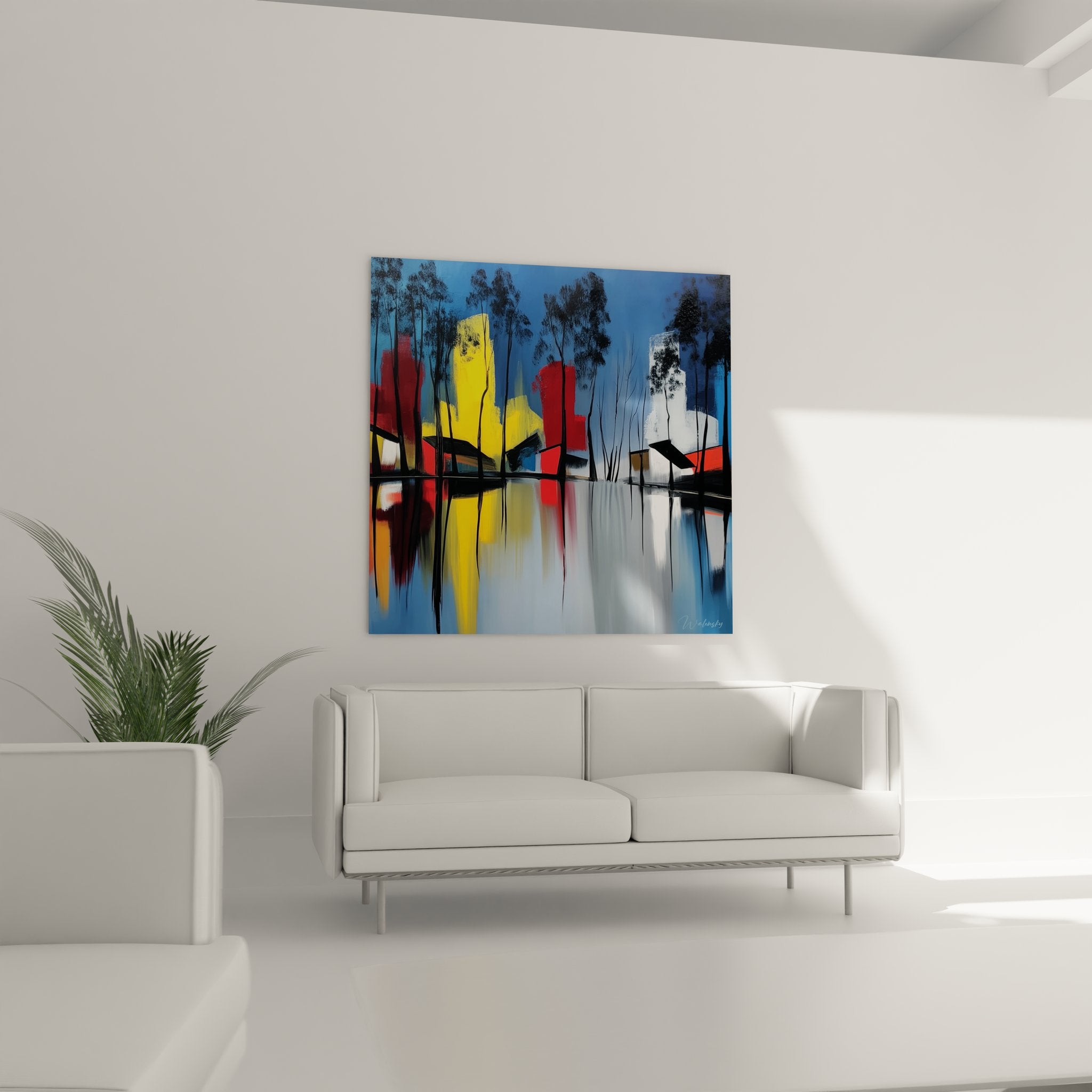 Détail tableau lac abstrait - reflets colorés dans l'eau avec formes géométriques jaunes et rouges