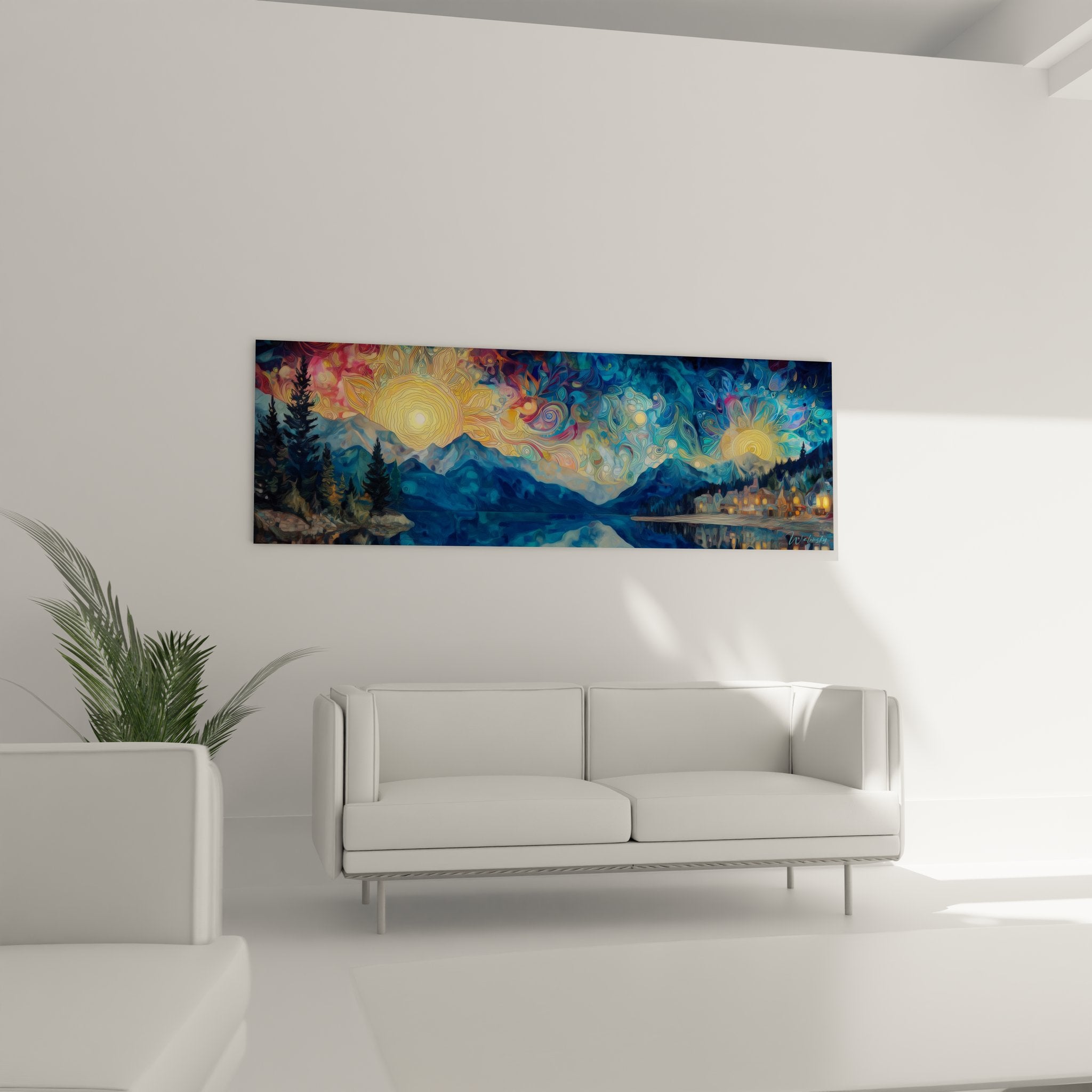 Surrealist lake artwork detail showcasing organic colored clouds and reflections on calm water